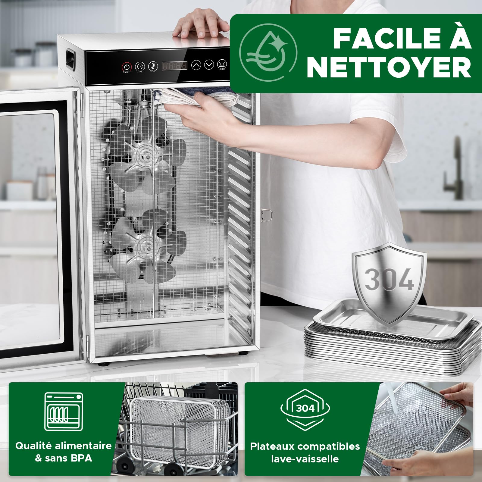 Kwasyo Déshydrateur Alimentaire Professionnel 18 Plateaux, 800W Déshydrateur en Acier Inoxydable avec Circulation d’Air à 360°, Grande Capacité pour Viande, Fruits, Légumes, Herbes