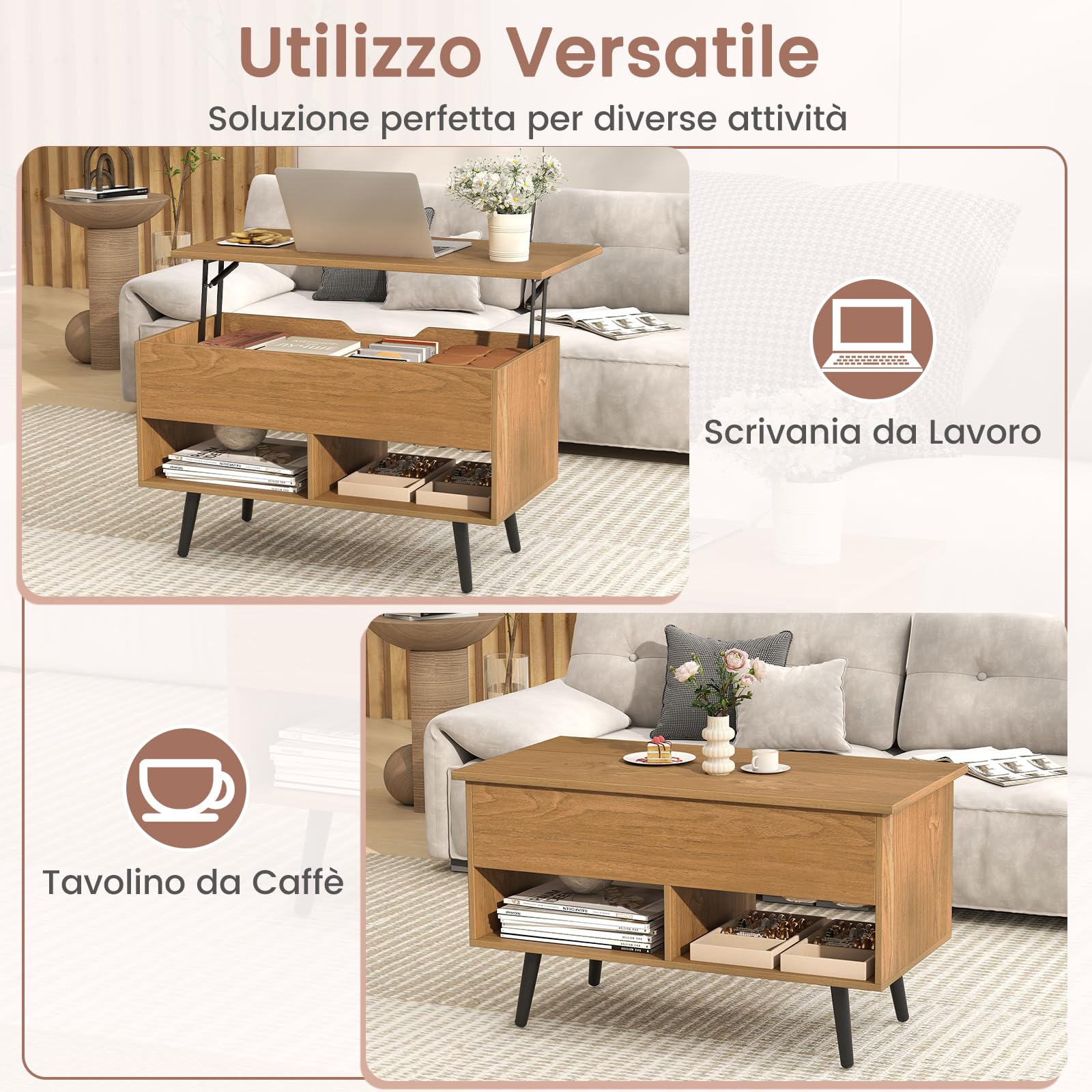 COSTWAY Tavolino da Salotto con Superficie Sollevabile, Tavolino da Caffè Moderno con Scompartimento Nascosto e 2 Ripiani, Ideale per Salone, Ufficio e Sala Riunioni (Naturale)