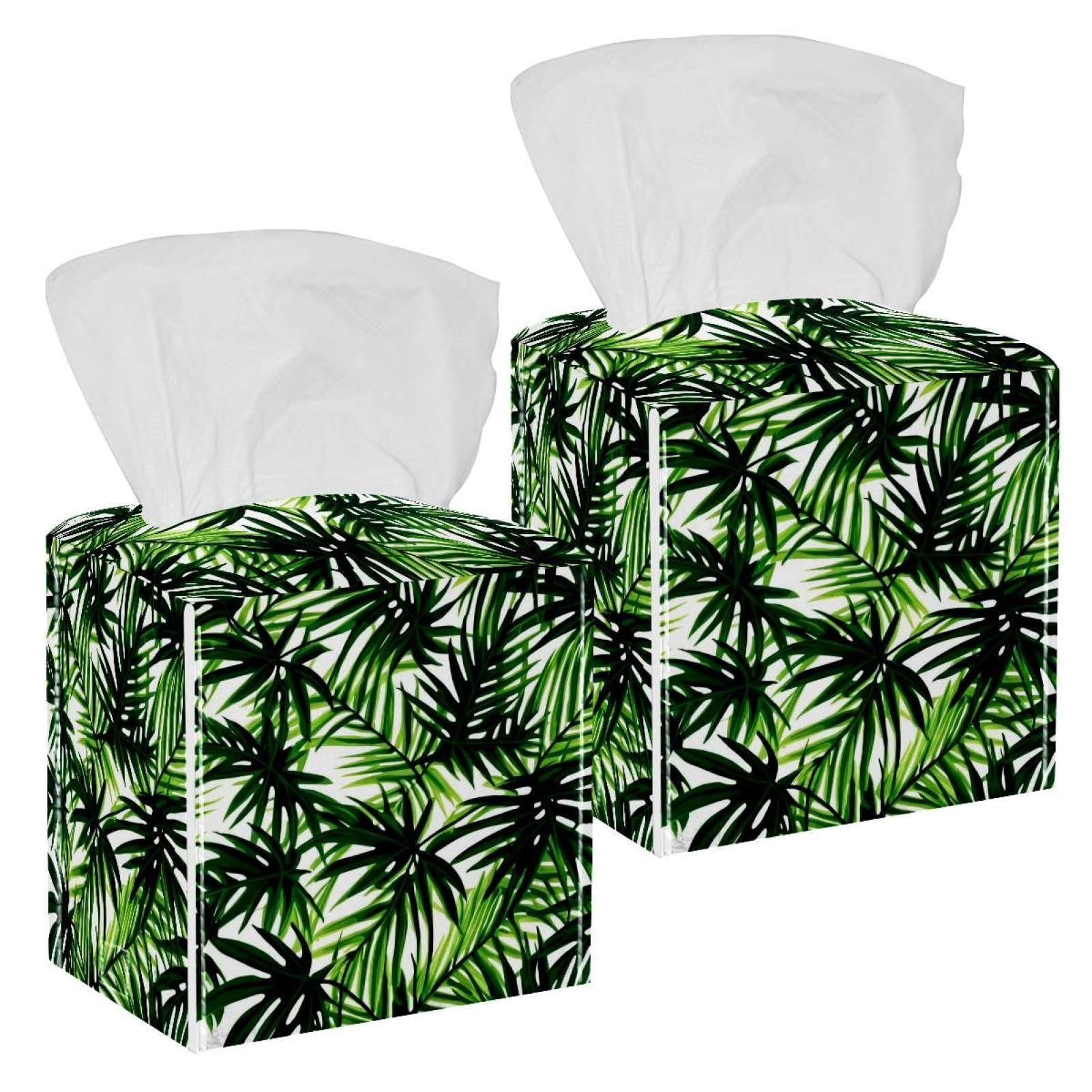 Artistic Leaves Tissue Box Cover, 2 Pack PU Leather Square Facial Tissue Dispenser Box holder for Home Office Car