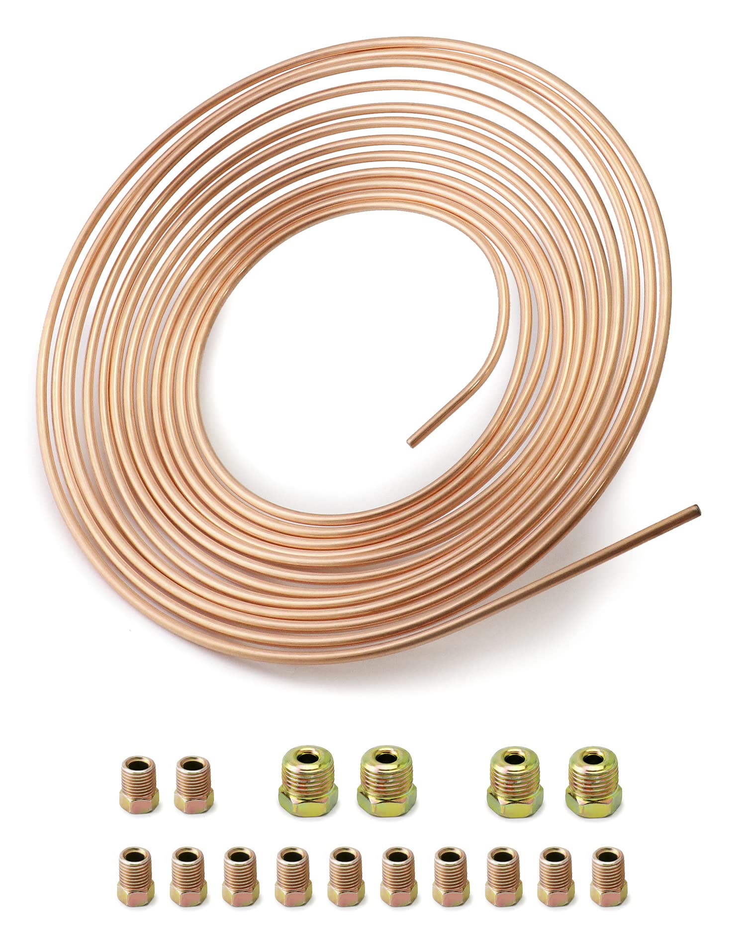 QWORK® Miedziany przewód hamulcowy 7.6 m, średnica zewnętrzna 4,76 mm, średnica wewnętrzna 3,3 mm z 16 nakrętkami