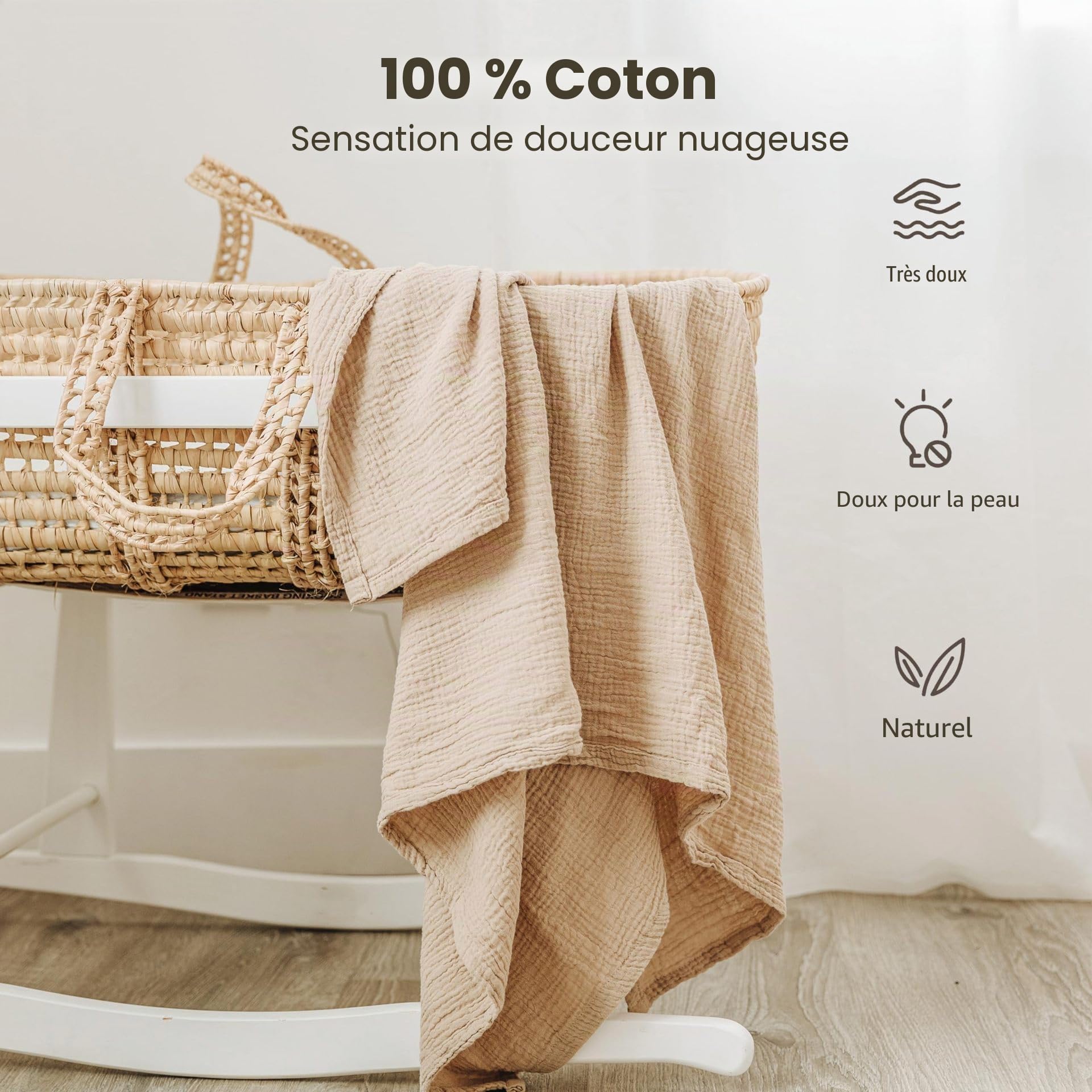 Lot de 3 Langes Bébé, 100x100cm Mousseline de Coton,Absorbant Respirant pour Nouveauné Peau Sensible pour Unisexe Bébé Filles et Garçons (Rose)