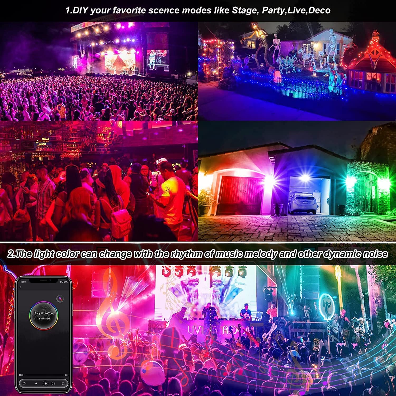 RGB LED Strahler Außen, T-SUNUS 100W RGB Strahler Outdoor Außen WiFi mit Bluetooth APP Steuerung, IP66 Wasserdicht Strahler Fluter für Party Garten Bar Deko Weihnachten