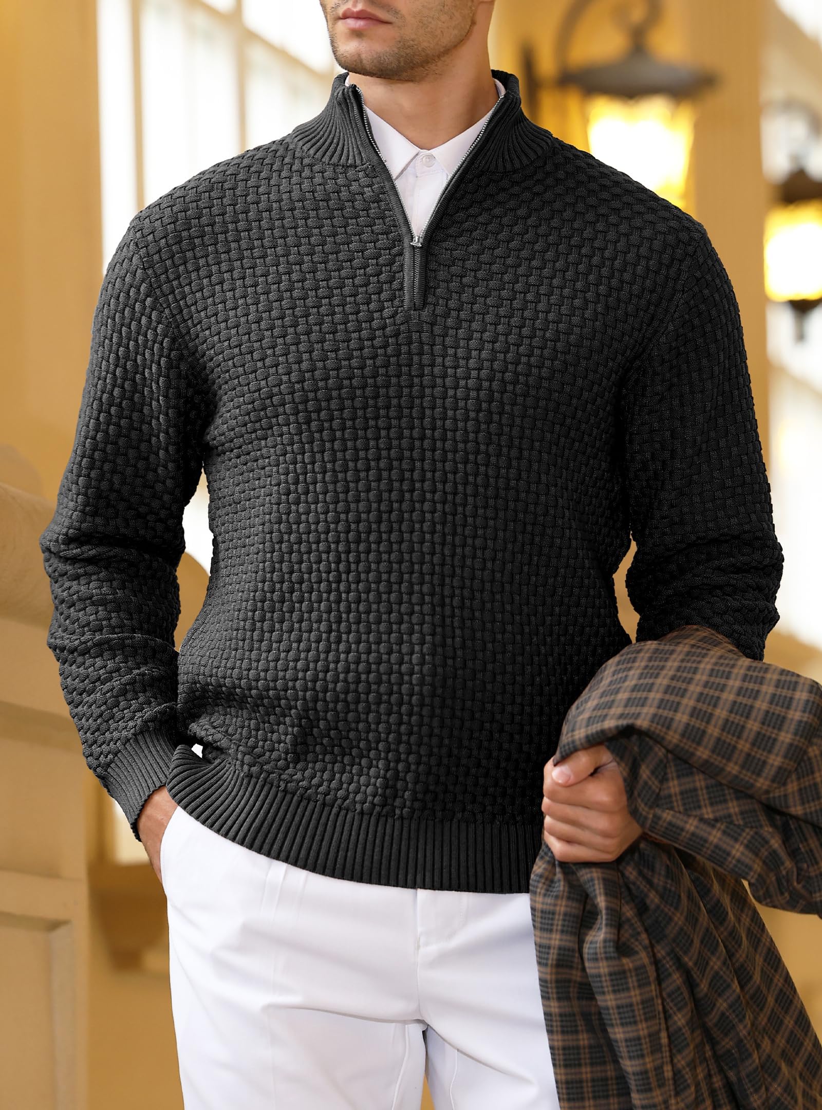 Zaitun Herren Half Zip Pullover Waffel Strickpullover Rollkragenpullover Warm Langarm Winterpullover
