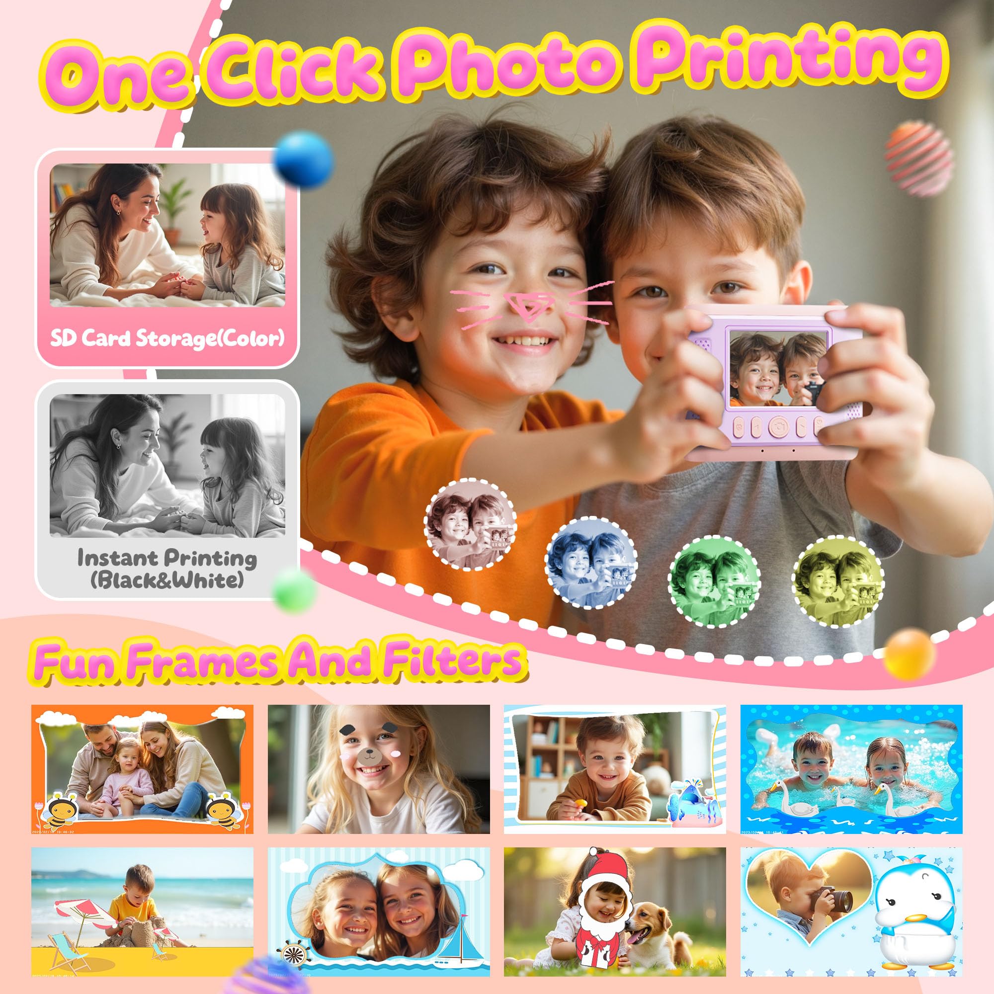 CalineGam Macchina Fotografica Bambini Istantanea, HD 1080P Fotocamera Istantanea per Bambini con Scheda 32G e Carta Fotografica, Regalo per Ragazze Ragazzi da 3-12 Anni (Rosa)