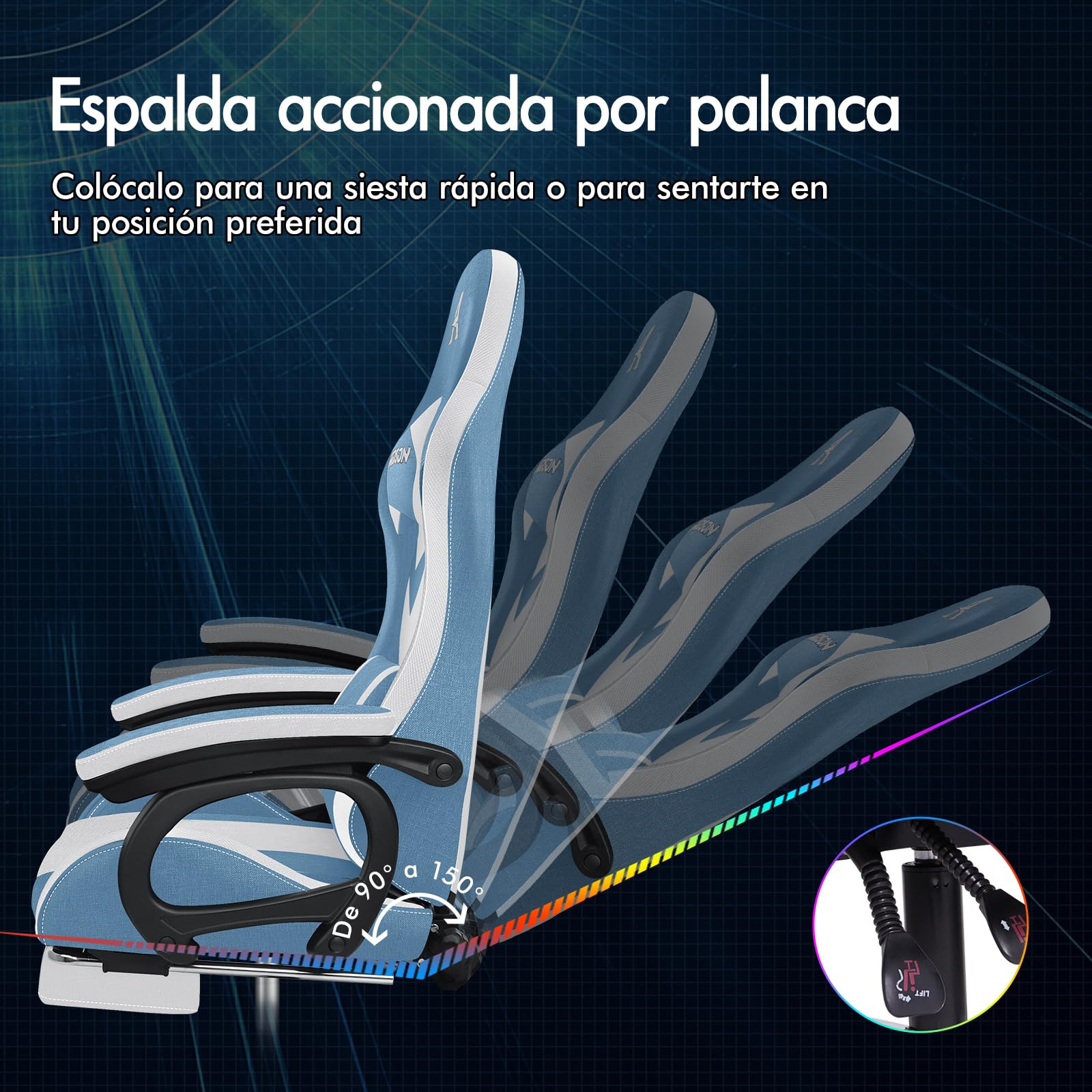 ALFORDSON Silla Gaming con Masaje y LED, Silla Gamer Ergonómica con Cojín Lumbar y Cervical, Reposapiés Telescópico, Iluminación para Ordenador, Videojuego, Juegos, Oficina, Lino(Azul y Blanca)