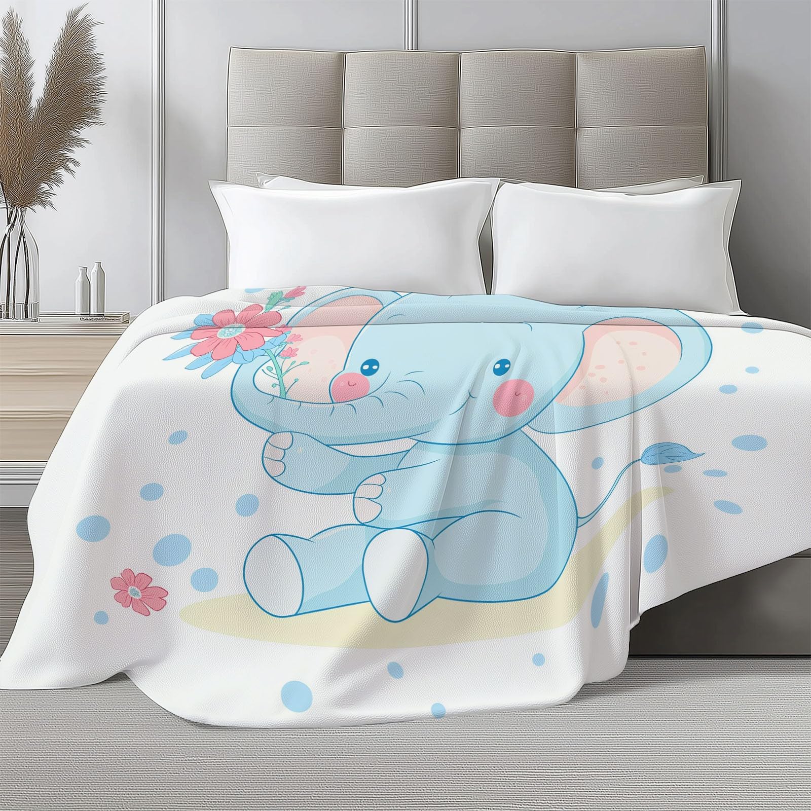 Genérico Flanelowy koc polarowy 200 x 200 cm, kremowy koc z nadrukiem kreskówkowym śliczne zwierzęta słoń niemowlę-zima ciepłe dla dziewczynek chłopców dorosłych