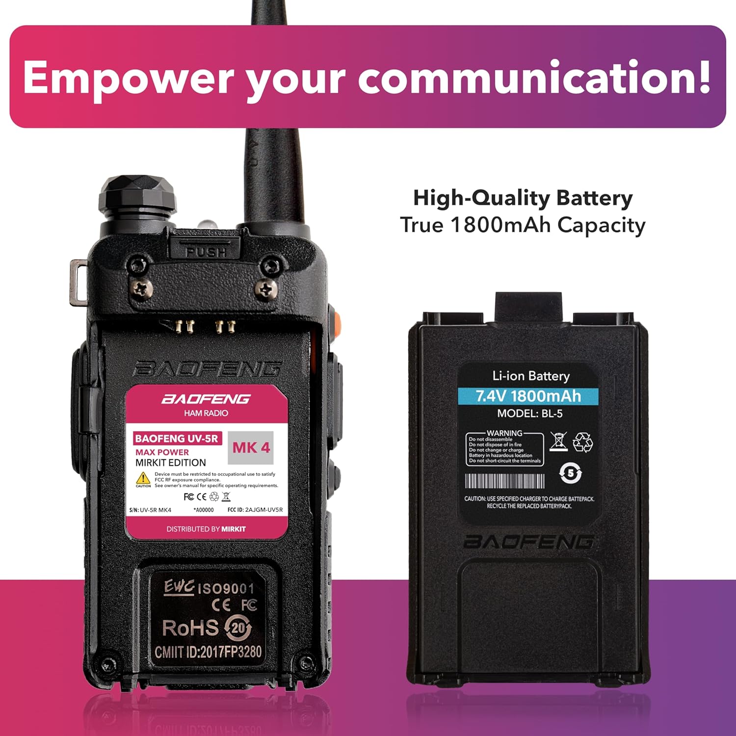 Mirkit Baofeng Radio UV-5R MK4 8W Extended Ham Radio Handheld Starter Kit VHF/UHF 144-148/420-450 MHz with 3800 mAh Battery, Handheld Mic, Baofeng Programming Cable and Software for Walkie Talkies