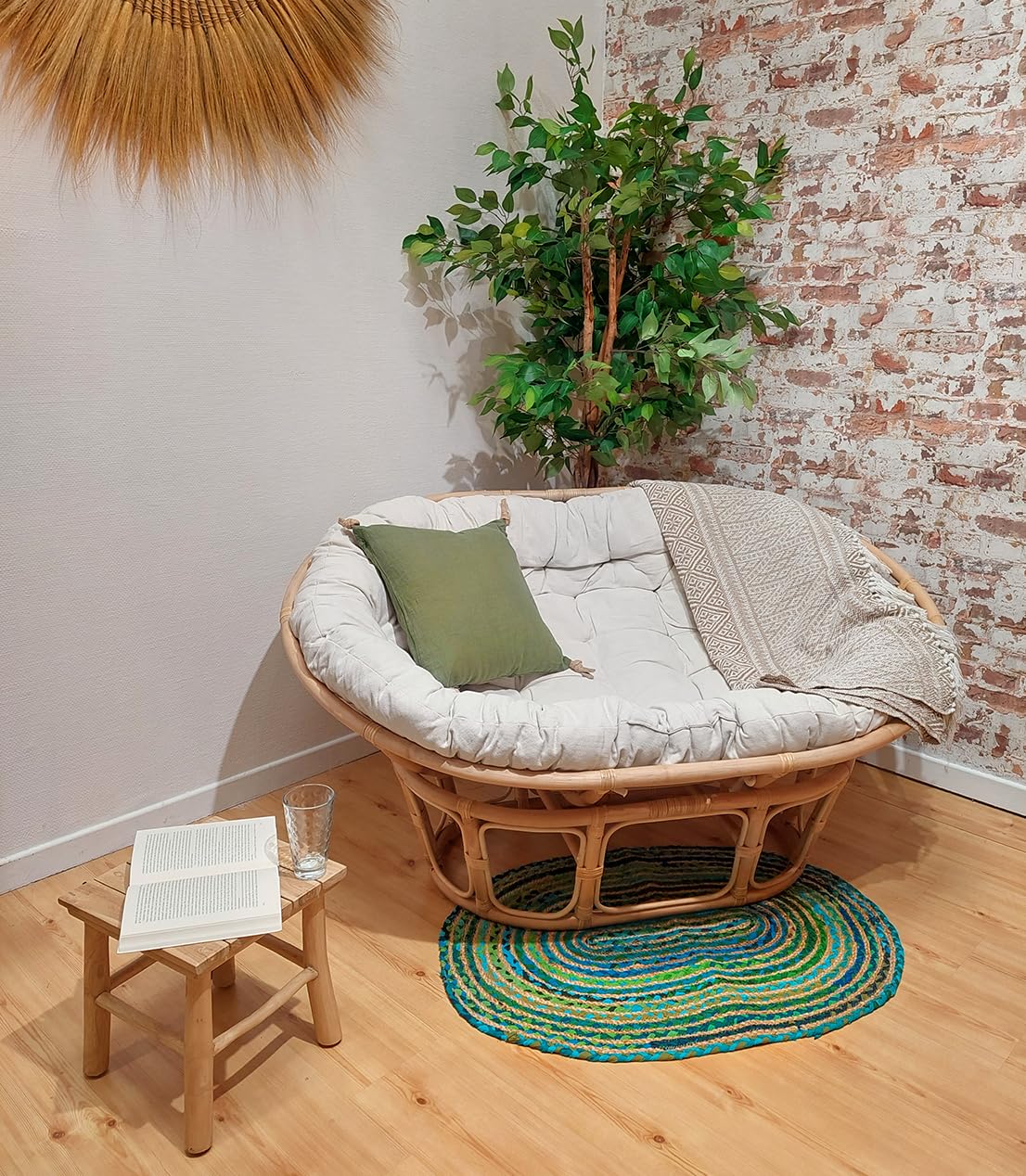 Meubletmoi Papasan / Loveuse Sessel, oval, 2-Sitzer, Natur-Rattan, mit dickem Kissen, gepolstert, cremefarben, Boho-Stil, lässig, Hazel