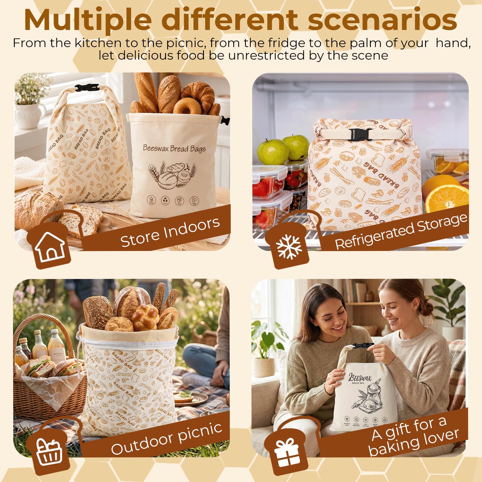 2 pezzi Sacchetto pane cera d'api,43×33 cm Tela cerata per pane,Sacchetti cera d'api per alimenti,con chiusura con fibbia/cerniera,per lievito madre e prodotti da forno (Zip A)