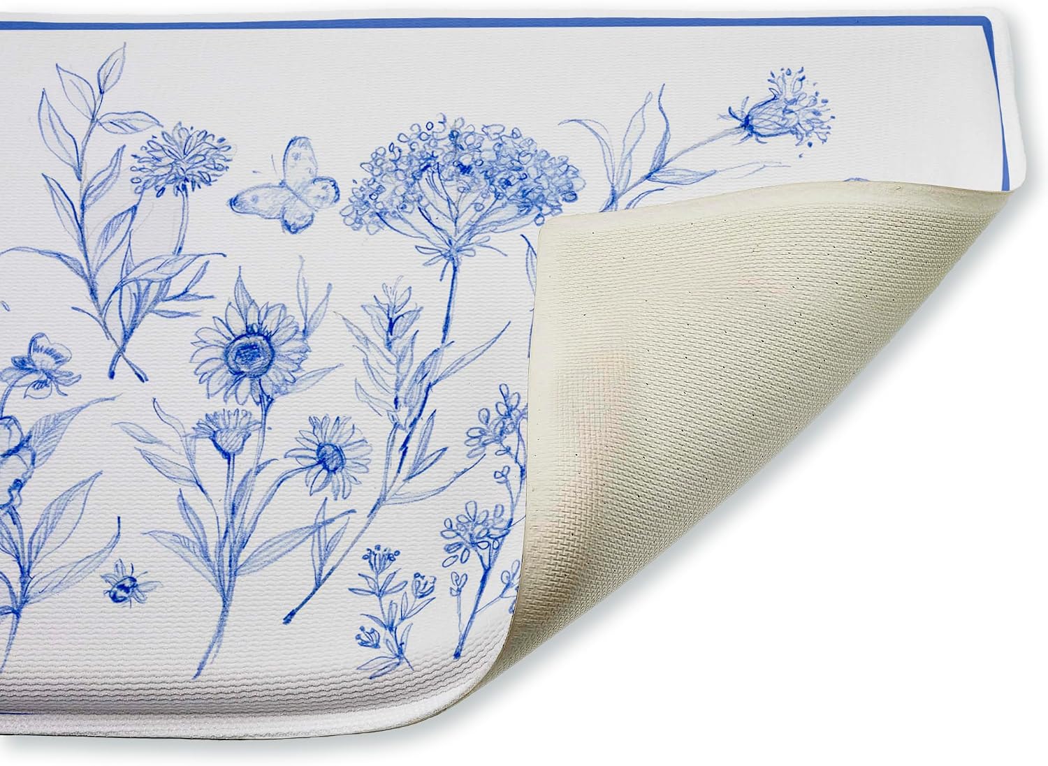 Stupell Industries Single Blue Flower Sprigs Plush Bathroom Mat & Bath Rug, Soft Quick-Dry Non-Slip Bathroom Rug with Recycled Foam Cushion, Botanical Minimalist Floral Design by Susan Winget, 18"x30"