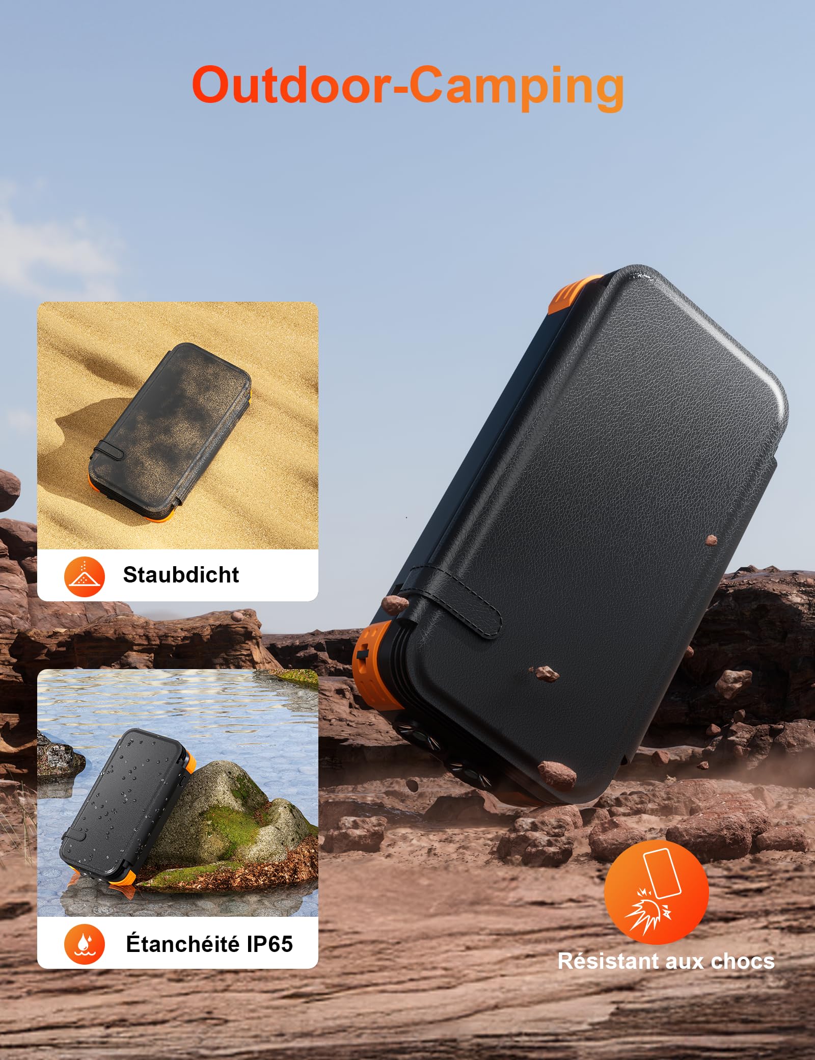 Solaire Power Bank 20000mAh, Chargeur Portable avec 4 Panneaux Solaire, 4 Câbles, Banque d'Énergie Solaire USB C avec Batterie Externe et 2 Lumières de Poche LED, pour Smartphones, Tablettes (Orange)