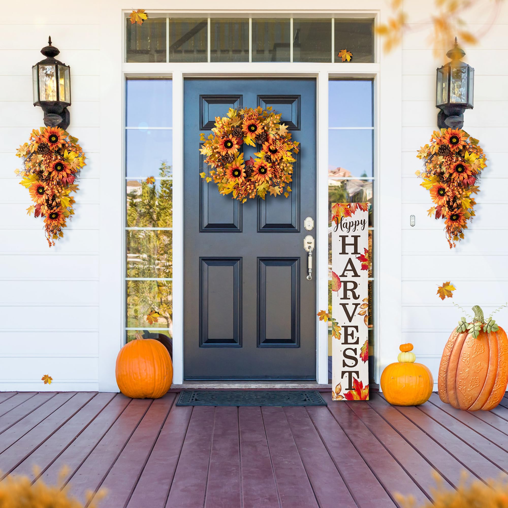 Glitzhome Guirlande décorative de 68,6 cm en forme de larme, récolte d'automne à suspendre au mur, guirlande florale d'automne avec tournesol, feuille d'érable et baies pour décoration de porte