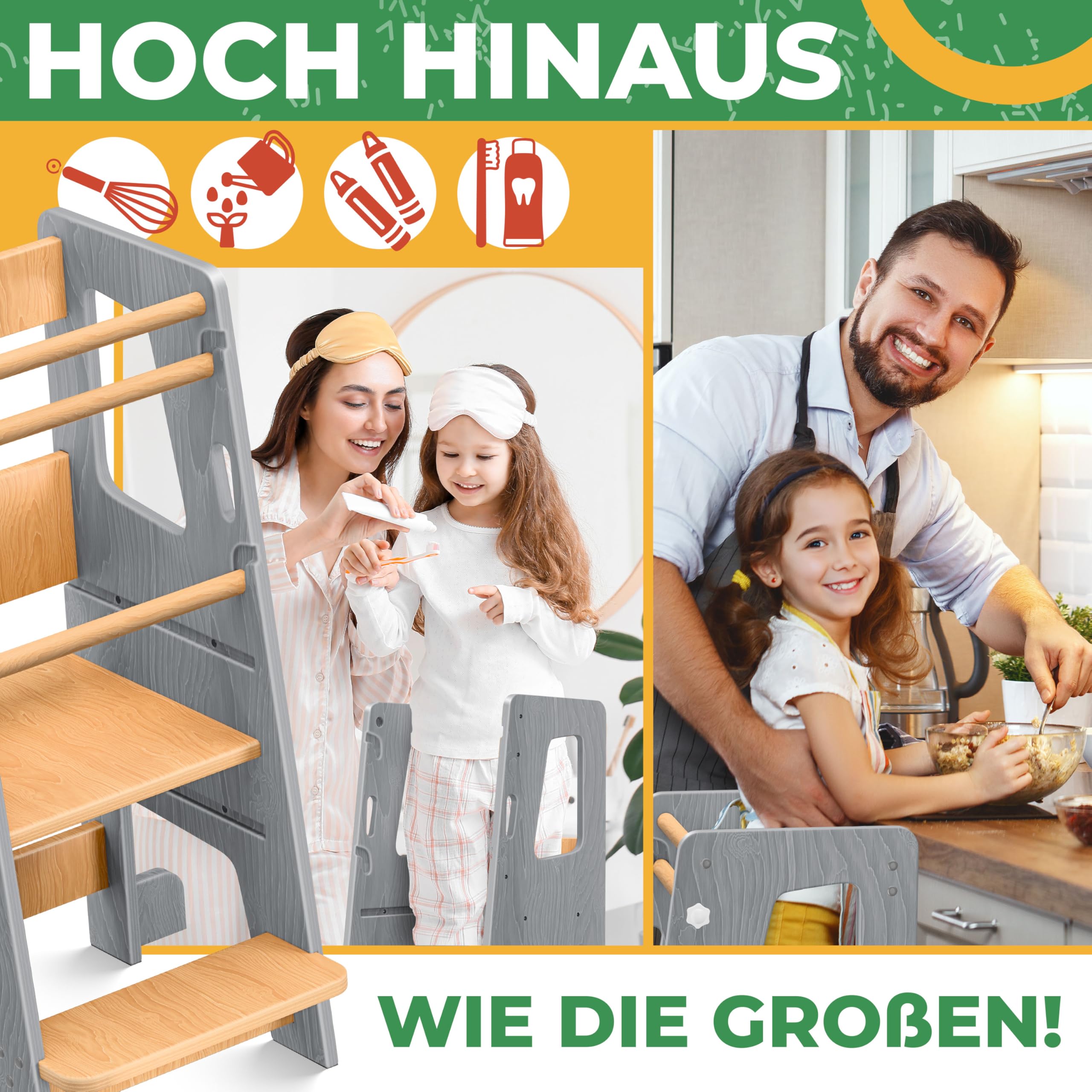 KIDIZ® Tour d'apprentissage pour enfants à partir de 1 an avec horloge d'apprentissage | Marchepied réglable en hauteur sur 3 niveaux en bois de pin | Favorise la motricité ludique et la tour