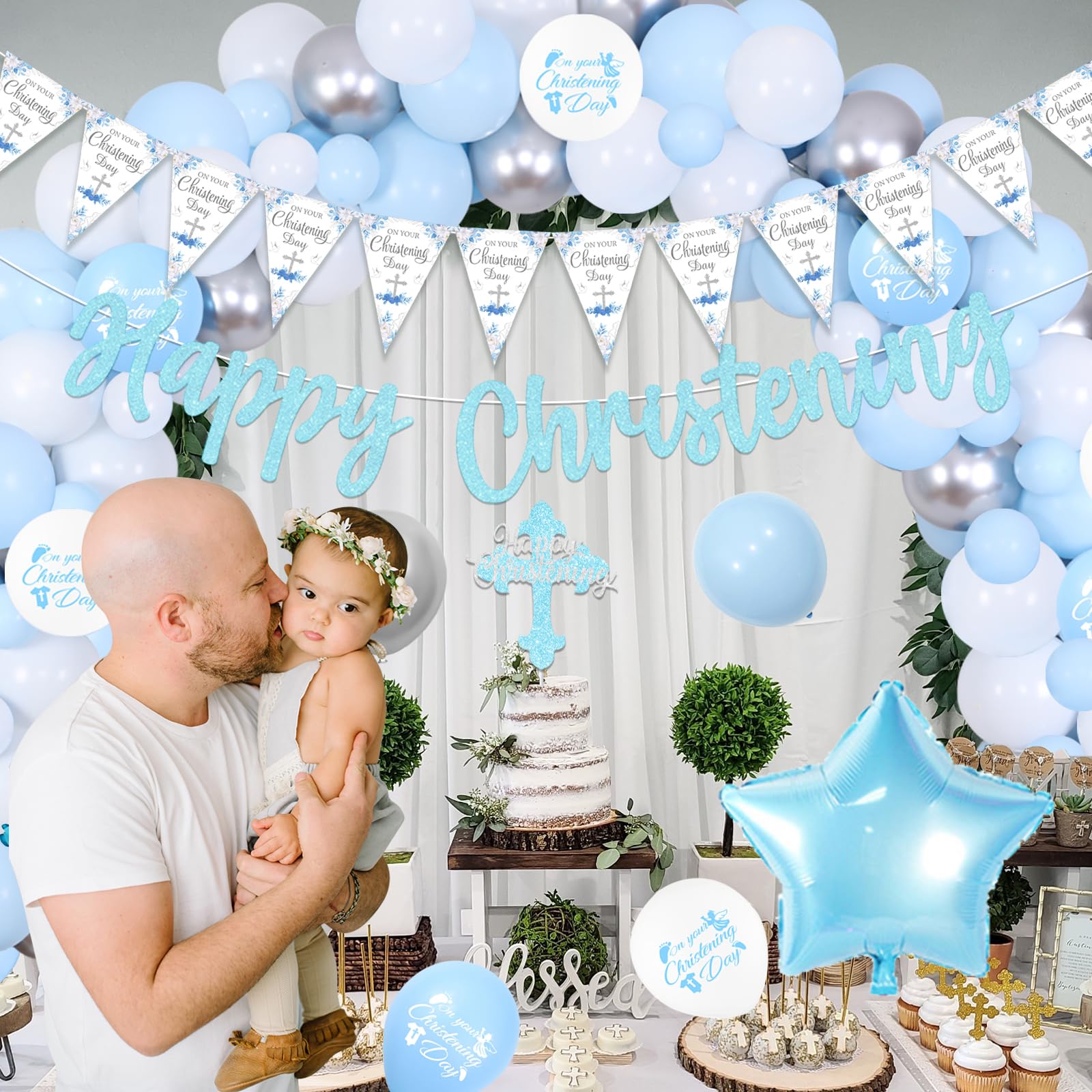 Christening Decorations for Boys Blue, Happy Christening Banner Balloons,  On Your Christening Day Bunting Banner, Baby Blue White Balloon Arch Cake  Topper for Baptism Party First Communion Baby Shower – BigaMart, image size:1600x1600