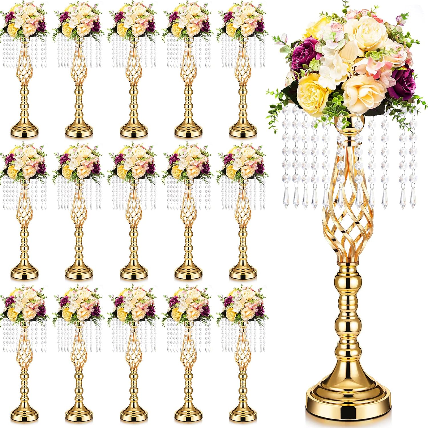 Sieral 15 Pack Gold Wedding Centerpieces for Table Gold Crystal Flower Stand 19.3 Inches Metal Flower Vase Holders with Chandelier for Wedding Party Reception Dinner Tabletop Decorations