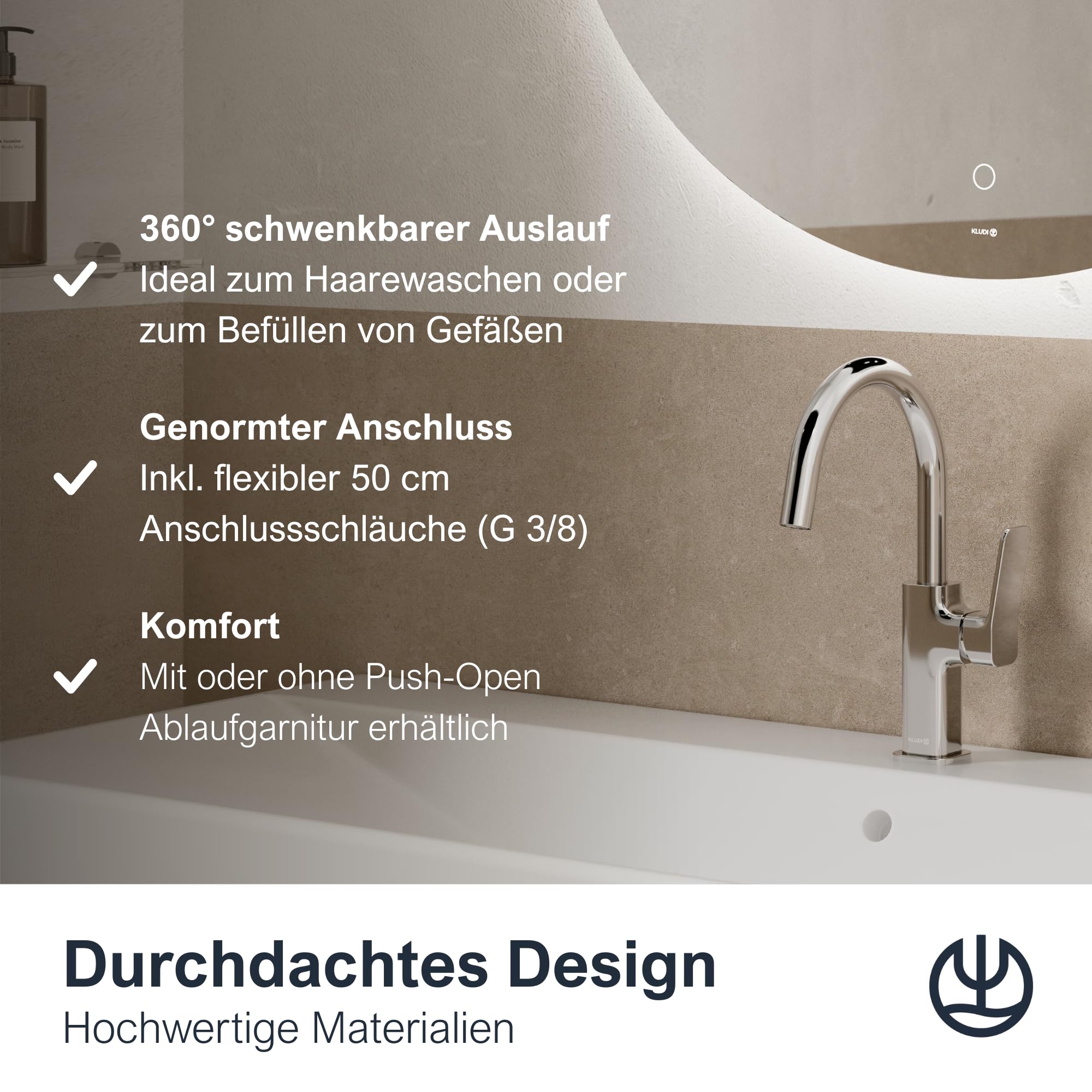 KLUDI-X3 Wasserhahn Bad mit Push-Open Ablaufgarnitur, 360° schwenkbar, Auslaufhöhe 180 mm, wassersparende Waschtscharmatur Bad Größe L, Mischbatterie Waschbecken inkl. Anschlussschläuche in Chrom