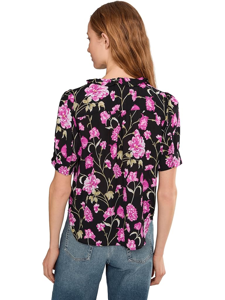 Black CeCe Floral Ruffled Front V-neck Top