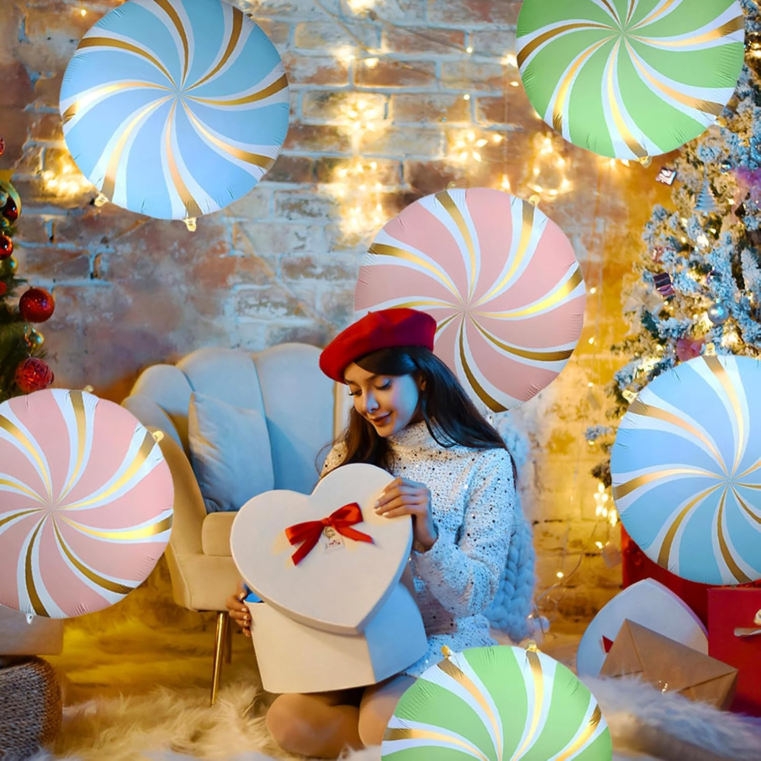 Birthday Balloons, Candy Cane Windmill Foil Balloons, Light Blue Pink Green Big Candy Mylar Helium Balloon for Festival Celebrate Sweetness Themed Party Baby Shower New Year Decorations (6Pcs) - Image 4