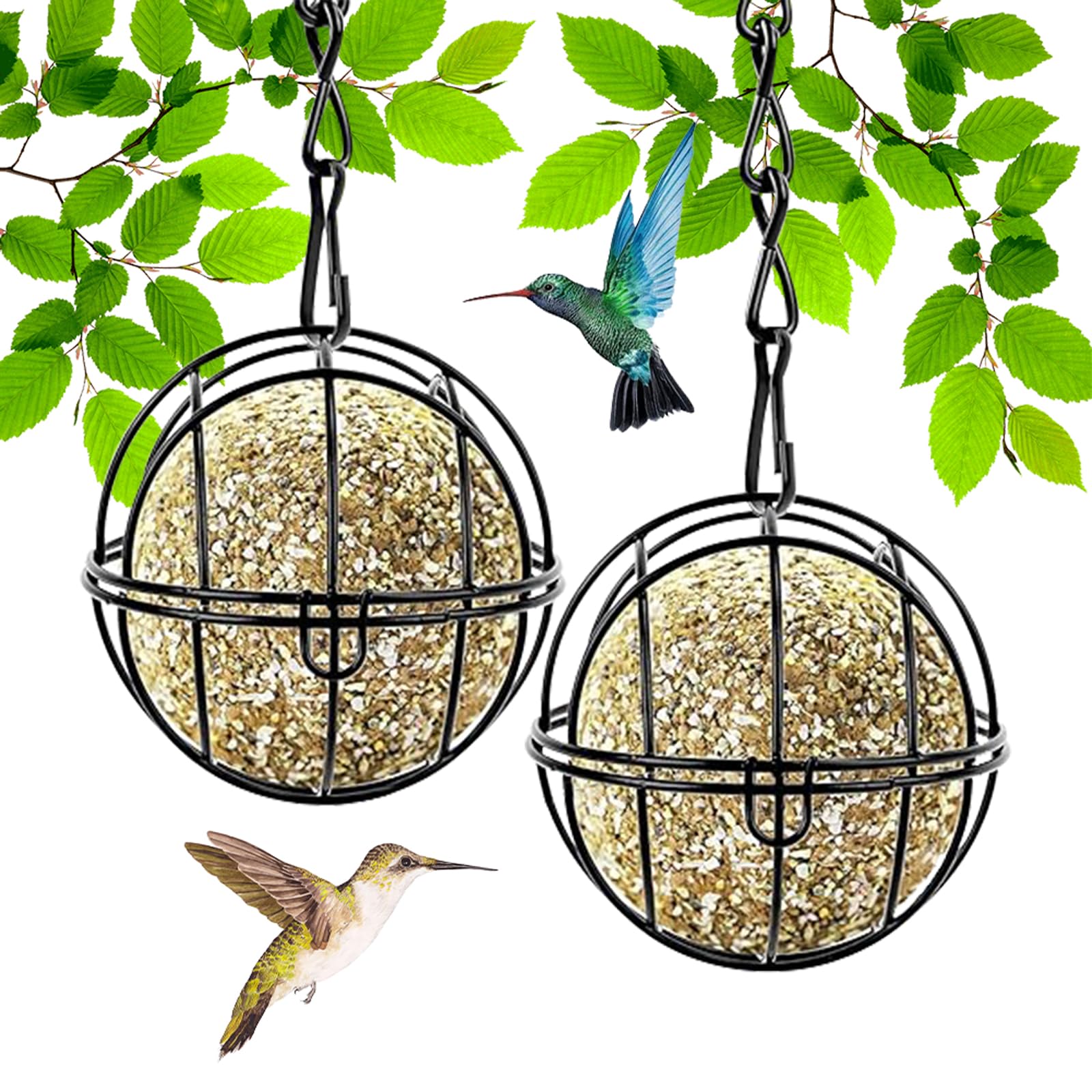 2 pcs Comedero for Pájaros con Bolas Gordas, Comedero para Pájaros, Comedero Pájaros Bolas de Grasa para Colgar, Alimentador de pájaros de Metal para Balcón Jardín, 7cm