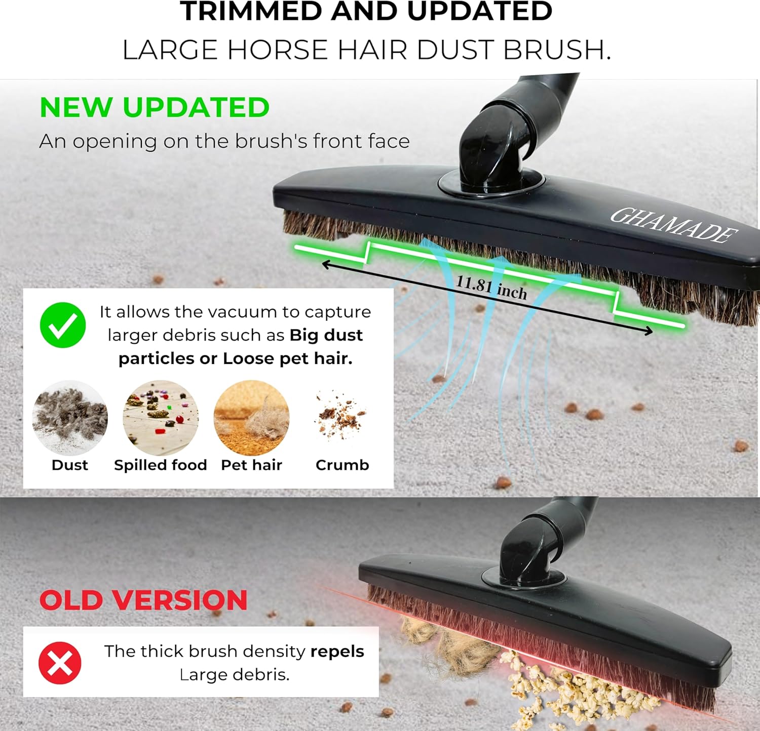 Universal Vacuum Attachments Hardfloor Brush and Replacement Accessories for Vacuum Cleaners - Horsehair Hardwood Floor Attachments and Vacuum Hose Adapter Kit - Vacuum Attachments for Car Detailing