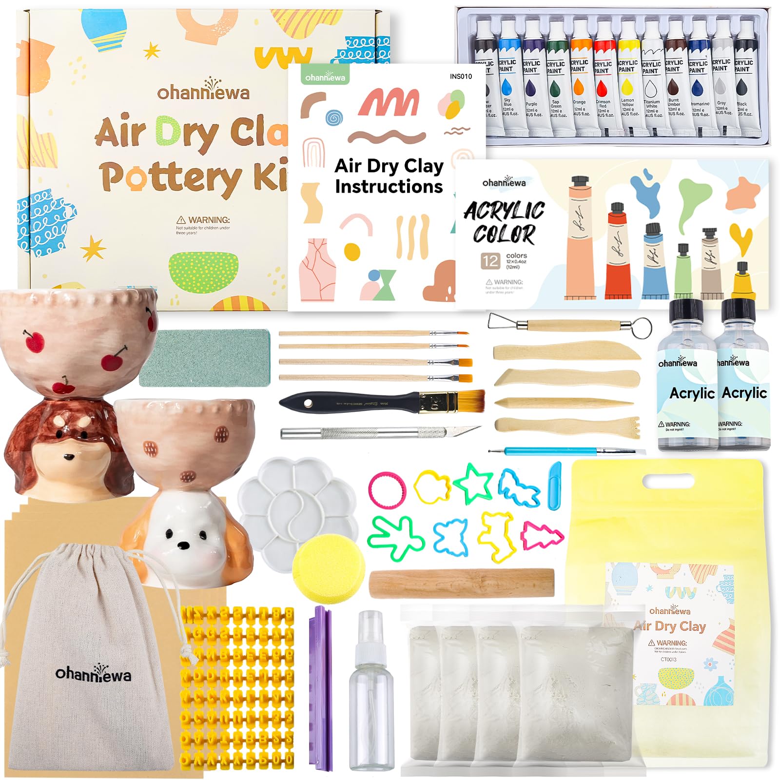 Ohanniewa Air Dry Clay Pottery Kit for Beginners, DIY Kit for Adults, Pottery Starter Kit for adults Includes 12 Paints, Tools, Paintbrush, Varnish, Sponge, Letter Molds and Guide, Air Drying Clay Kit