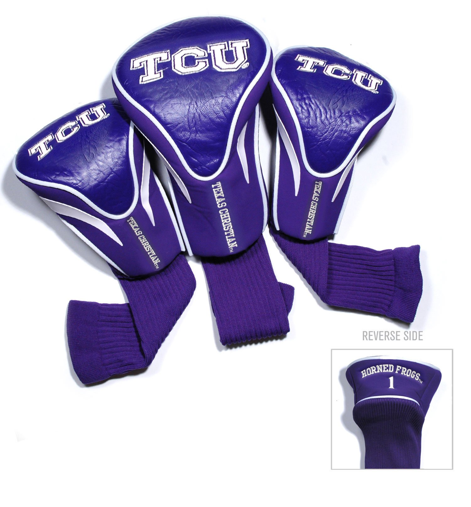 Team Golf NCAA TCU Horned Frogs Contour Golf Club Headcovers (3 Count) Numbered 1, 3, & X, Fits Oversized Drivers, Utility, Rescue & Fairway Clubs, Velour lined for Extra Club Protection
