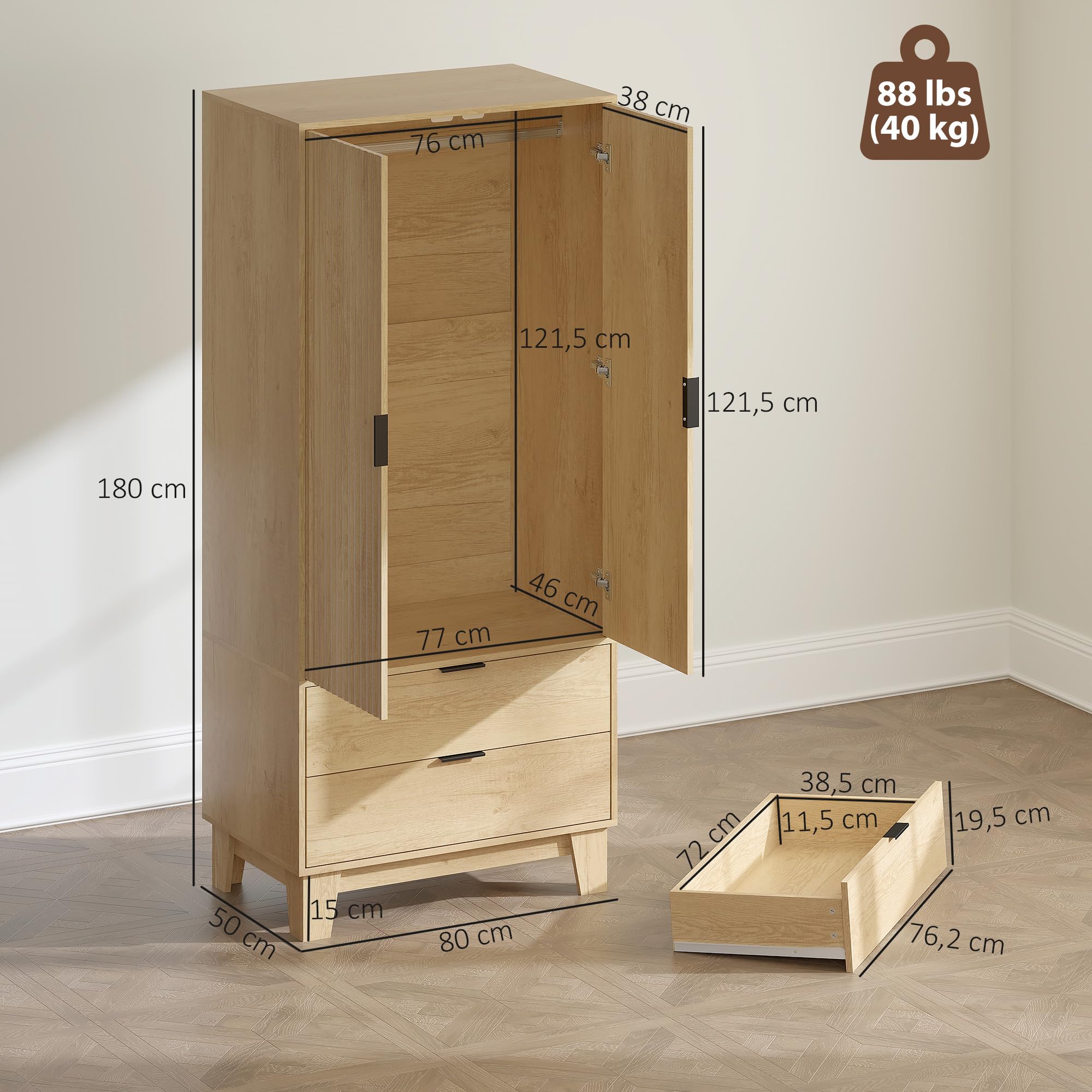 HOMCOM Armario Estriado con Puertas de Cierre Suave 71" Altura Natural