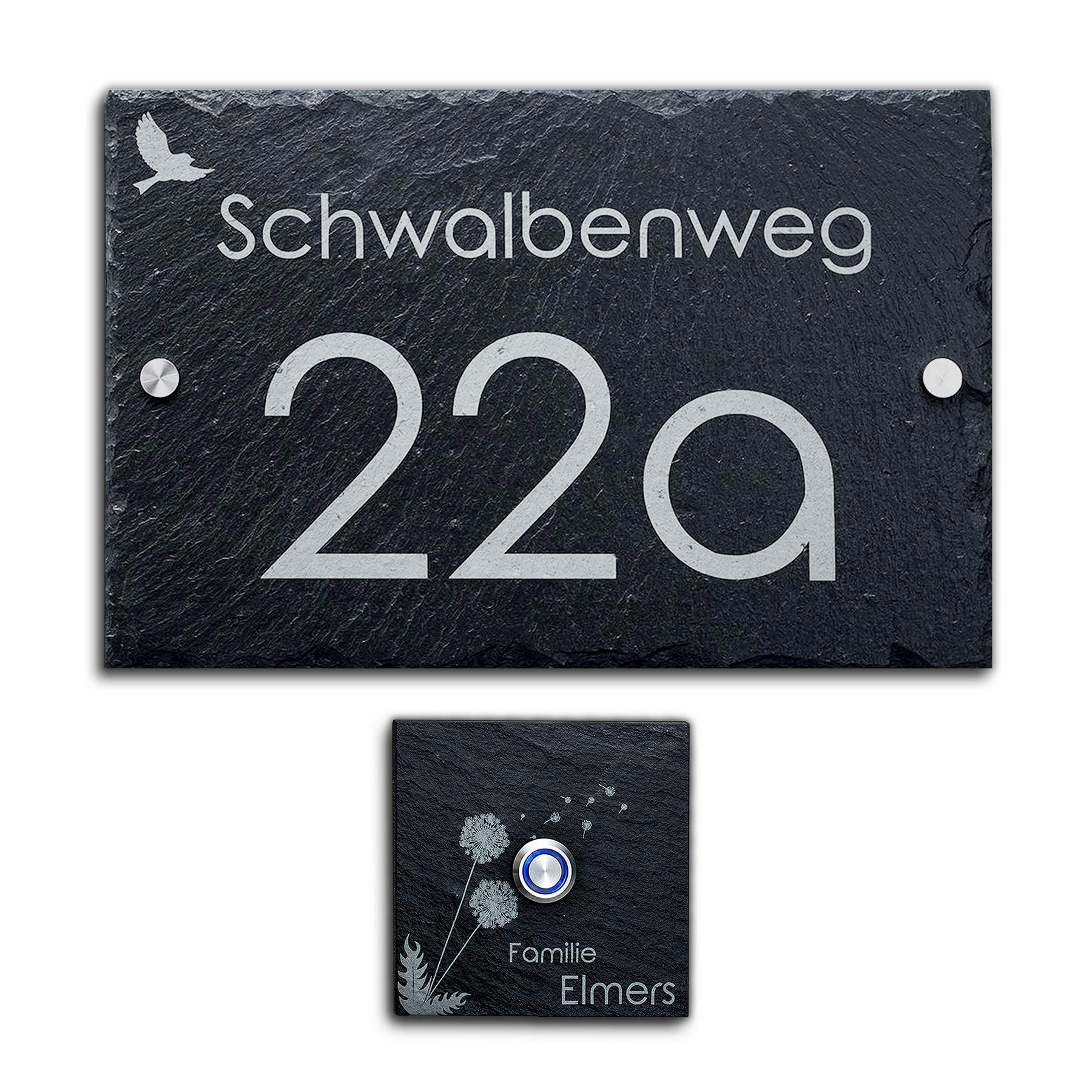 Schiefer Set Hausnummer + Türklingel mit Gravur Klingelschild inkl. LED Taster
