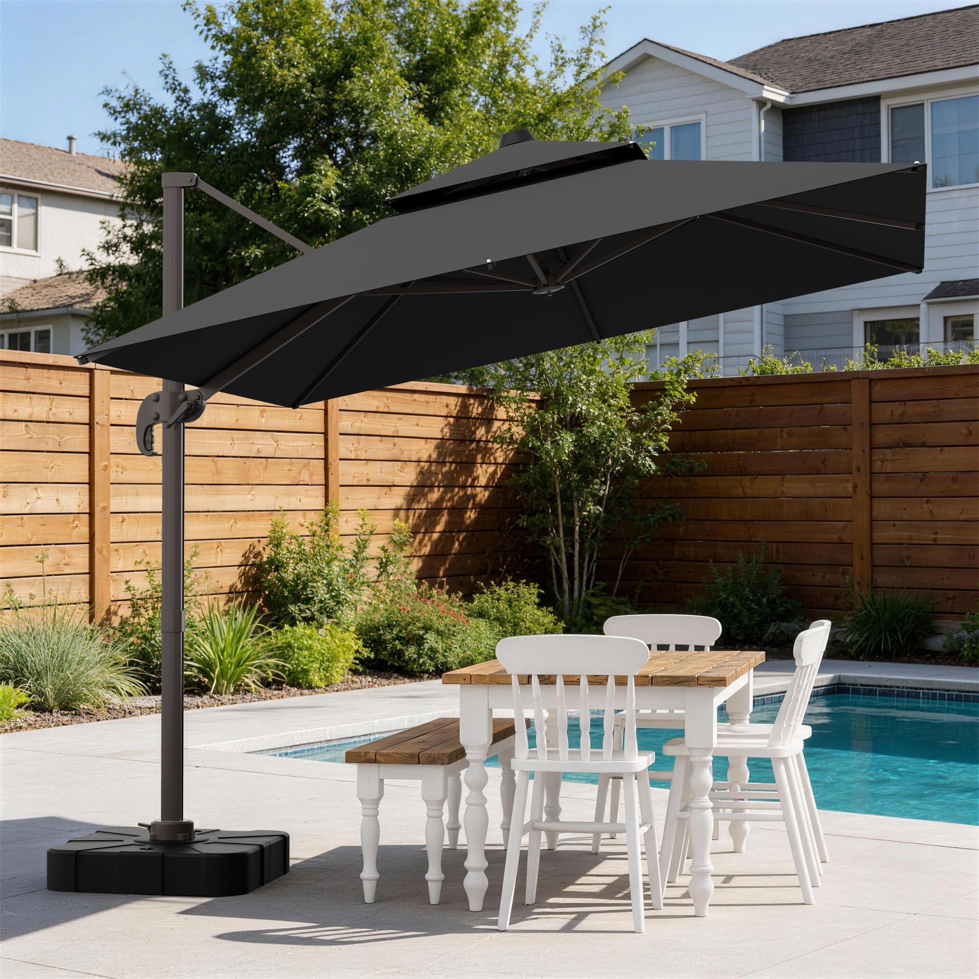 UMBFUN Sonnenschirm 300 x 400 cm mit Fußpedal und Kreuzsockel,Groß Ampelschirm,Kurbel Doppeldach Gartenschirm mit 360° Drehbar für Terrasse,Pool,Outdoor,Balkon Sonnenschutz