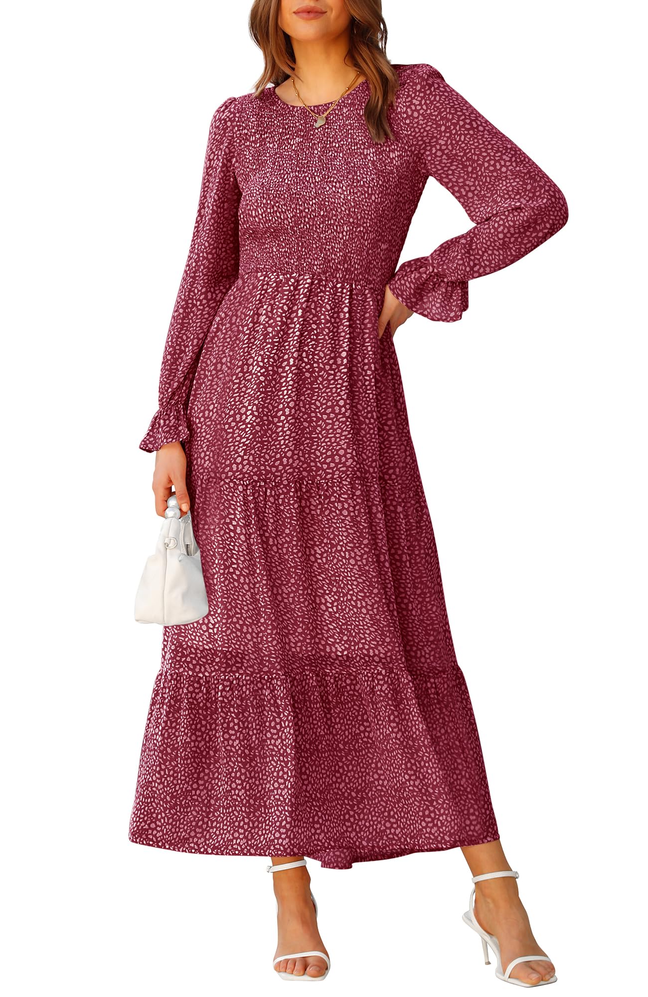 BTFBM Women Casual Long Sleeve Crew Neck Fall Dress Bohemian Relaxed Fit Floral Flowy Maxi Dresses Tiered Cocktail Dress