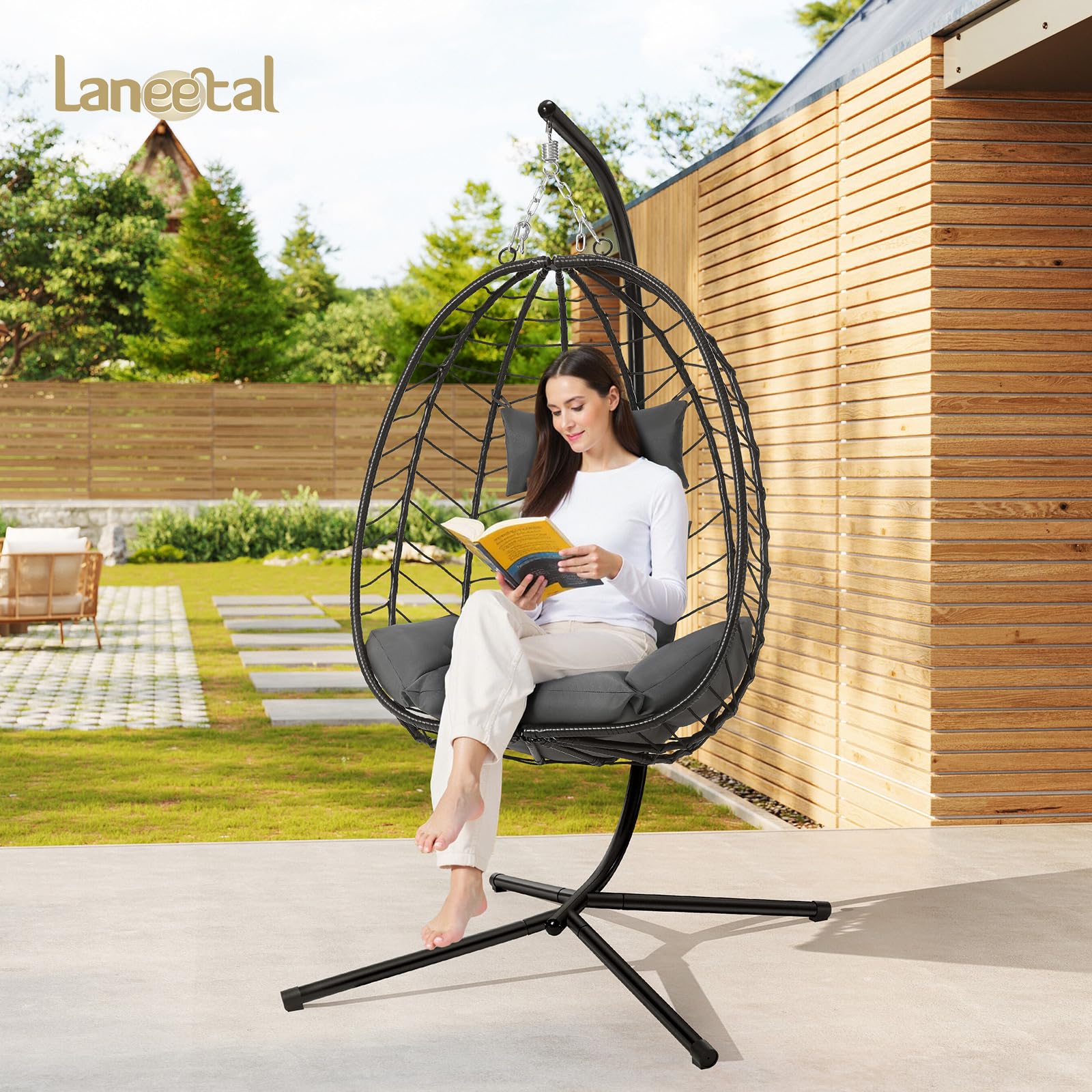Laneetal Silla Colgante, Silla Huevo con Soporte, Columpio con Cojín y Reposacabezas, Carga 150 kg, PE Aspecto Ratán, Estructura de Metal, para Jardín Patio Terraza 102x100x196 cm, Gris Oscuro