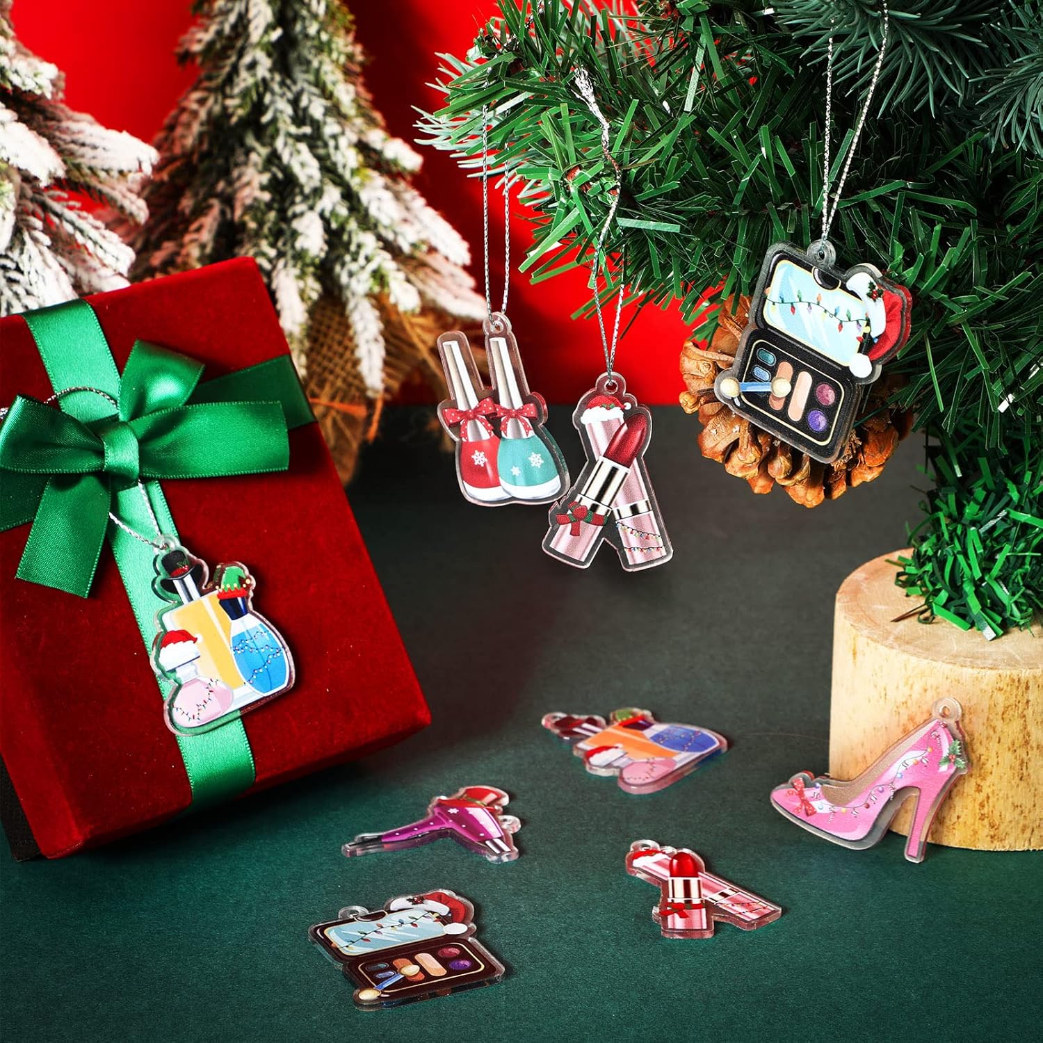 24 Pieces Makeup Christmas Ornament Acrylic Christmas Tree Hanging Make up Palette Nail Polish Lipstick Decorative Ornaments for Xmas Tree Decorations, 6 Styles - Image 3