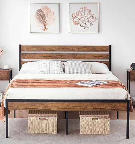 Miniatura 11 de IDEALHOUSE Base de cama de plataforma de madera de tamaño individual con cabecera rústica vintage, base de colchón de plataforma de metal con