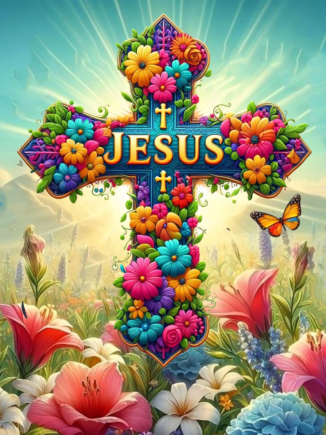 ijbnhd Jesus Cross Diamond Art Kits for Adults, Cross Flowers Diamond Painting Kits for Beginners, DIY Full Drill Round Gem Art Kits for Wall Home Decor 12X16inch