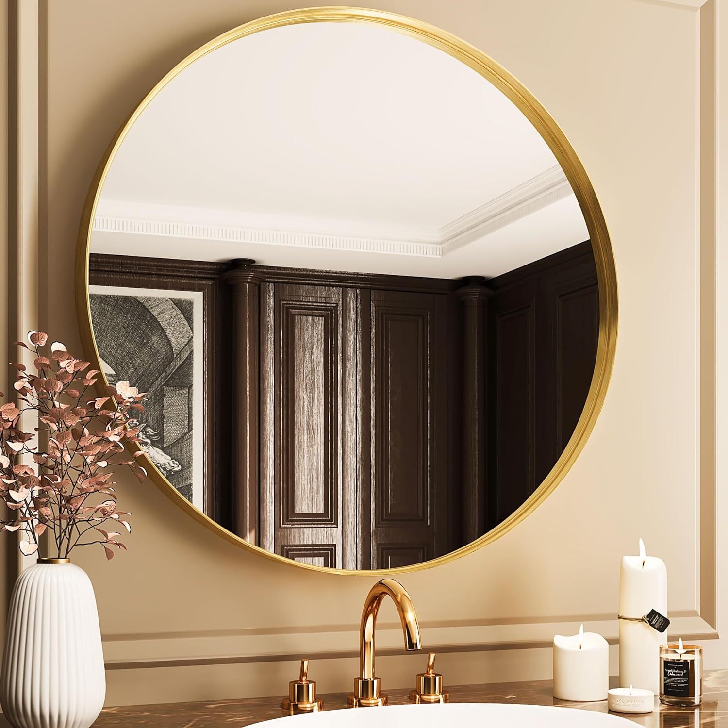 Suidia Wall Mirror, Gold Metal Frame Mirror 30 inch, Round Wall Mirror for Bathroom, Vanity, Living Room, Entryway, Circle Bathroom Vanity Mirror