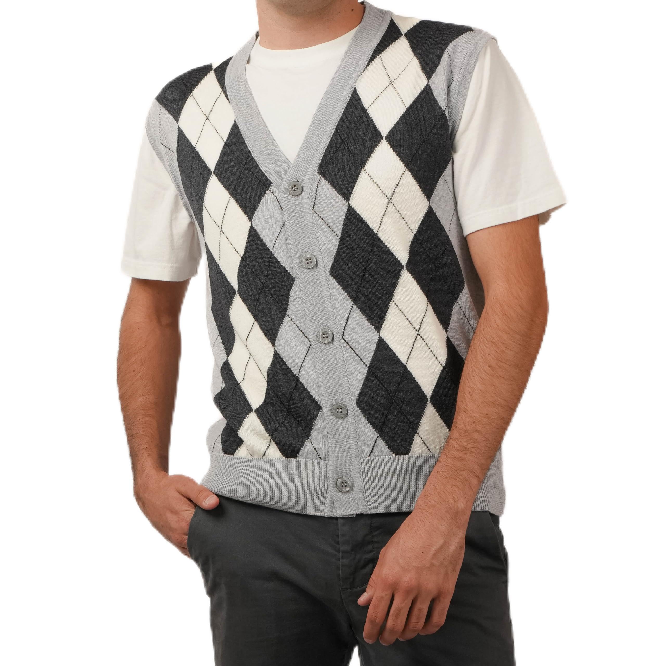 Merino Wool Cardigan Vest - Argyle Model Woolmark Certified
