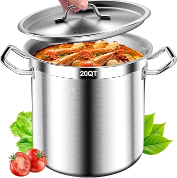 Stainless Steel Stock Pot with Lid, 20QT Heavy Duty Tri-Ply Bottom Commercial Grade Soup Pot for Cooking Stew, Pasta, Induction, Gas & Dishwasher Safe