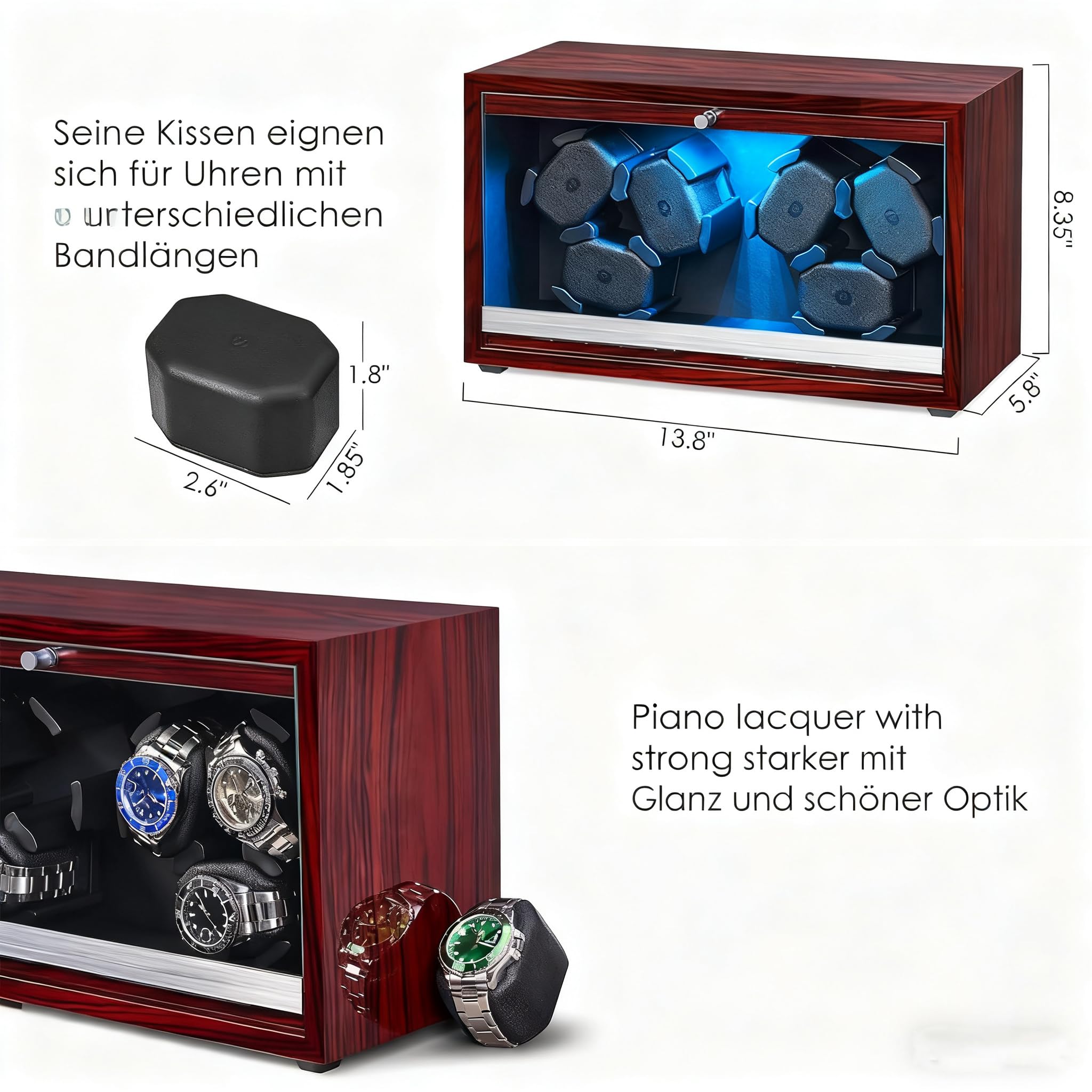 ANWBROAD Uhrenbeweger 6 Uhrenspinner mit LED Automatik Uhrenbeweger | Super leisem Motor Uhrenrotator 4 Drehmodi Uhrenbeweger Box Watch Shaker mit USB-Kabel Geschenk JWW003Y