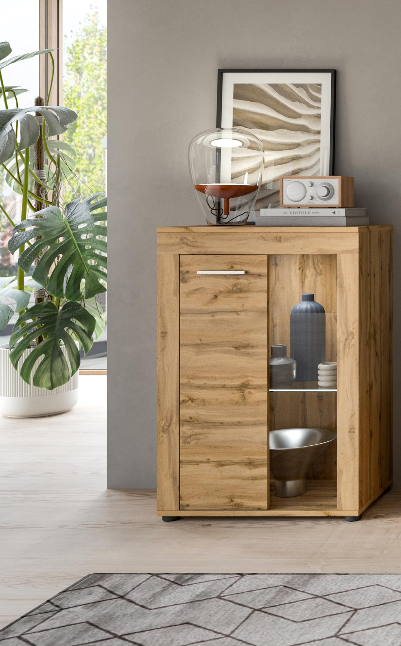 xonox.home Wohnen Jam X8BM9T40 - Vitrina de Cristal (600 x 86 x 35 cm, Madera de Roble de Wotan, melamina, 600 x 86 x 35 cm)
