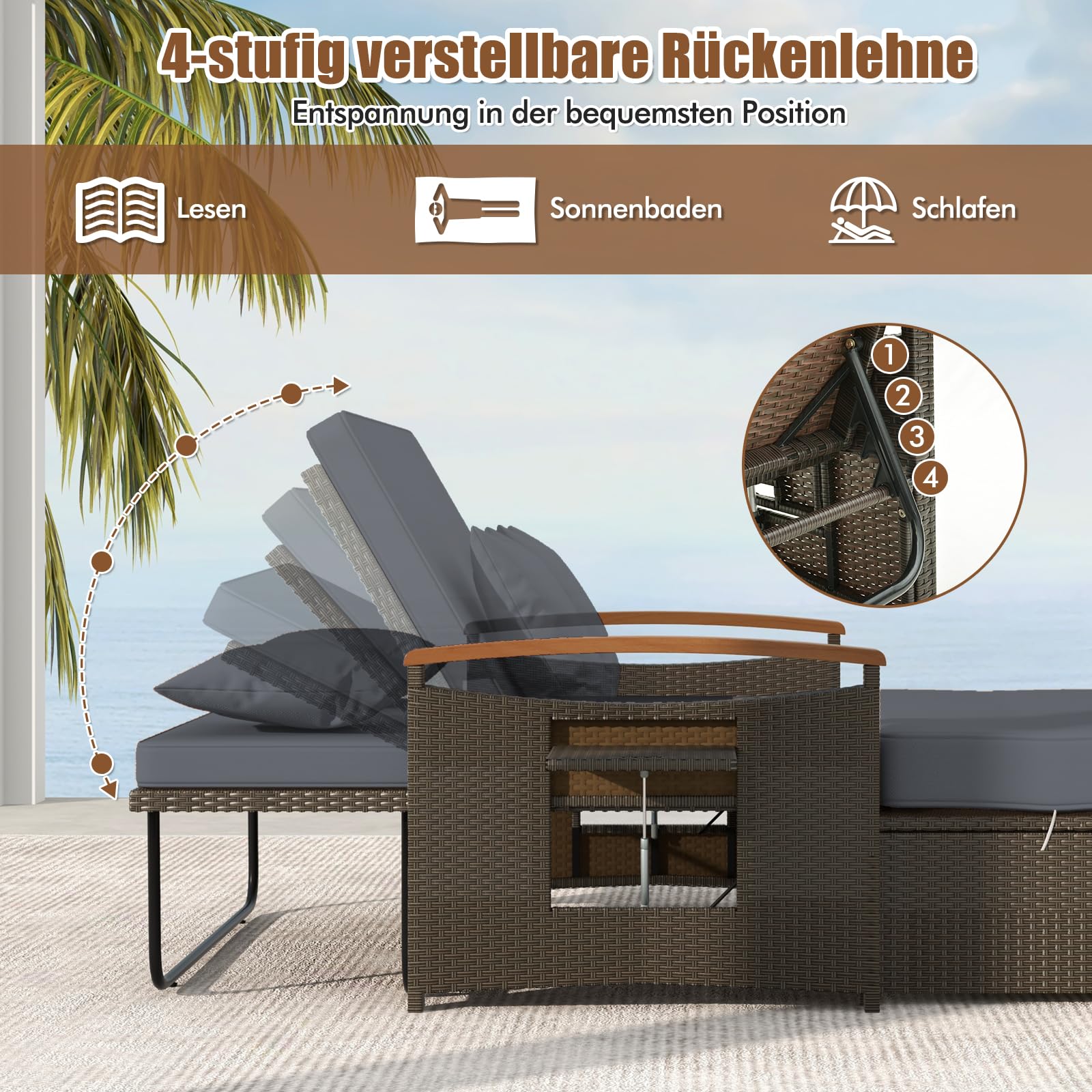 GIANTEX Lounge Möbel Outdoor, Outdoor Sofa, Gartensofa mit Liegefunktion, Garten Doppelliege Gartenliege 2 Personen, Gartenlounge Rattan, Balkon Lounge Sofa, Daybed Garten, Balkonsofa Kleiner Balkon