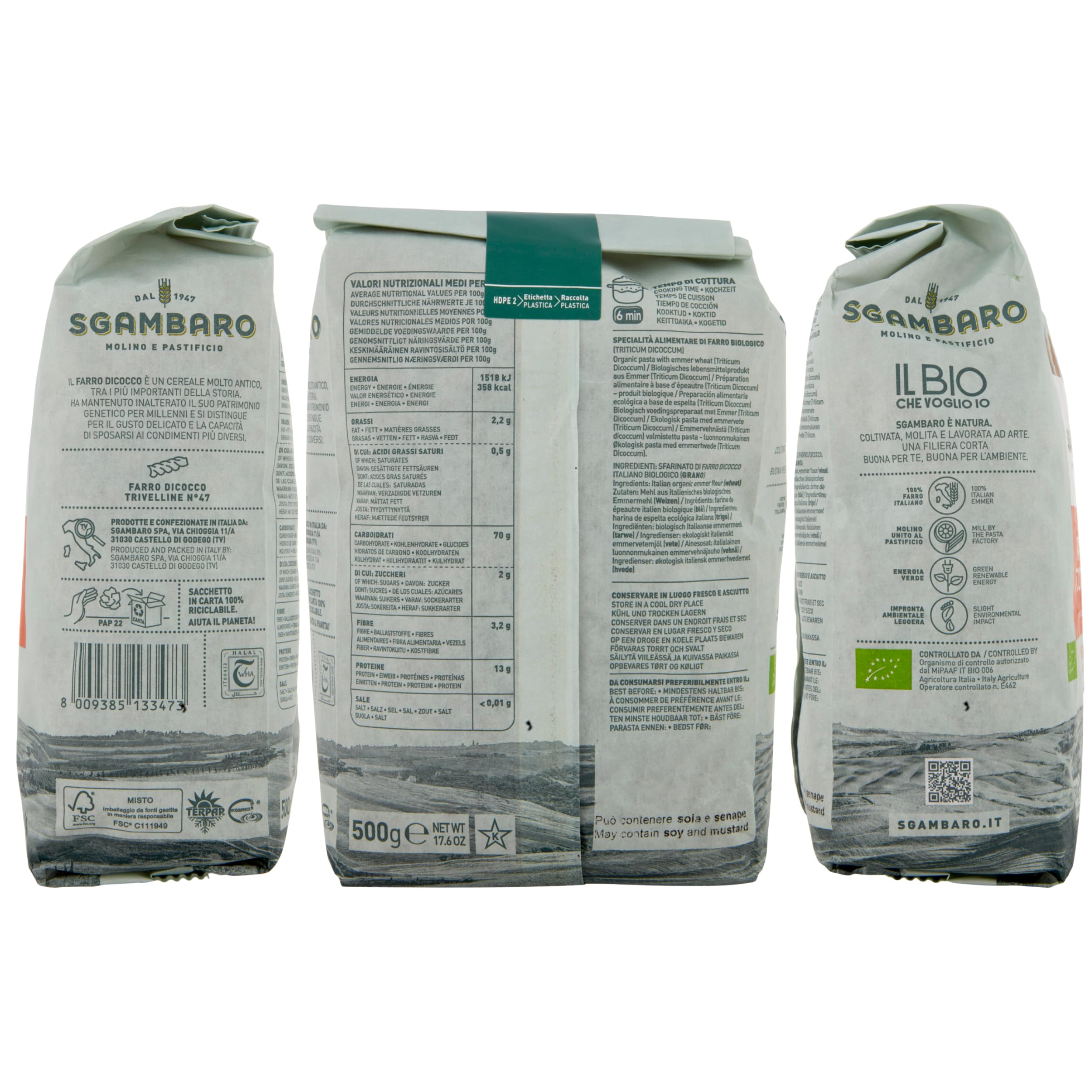 Sgambaro Pasta di Farro Selezione Bio Trivelline N.47 - 16x500g Pasta Farro 100% Italiana - a Basso Contenuto di Grassi, Fonte di Fibre, Proteine e Zinco - Ideale per Diete Sane e Naturali