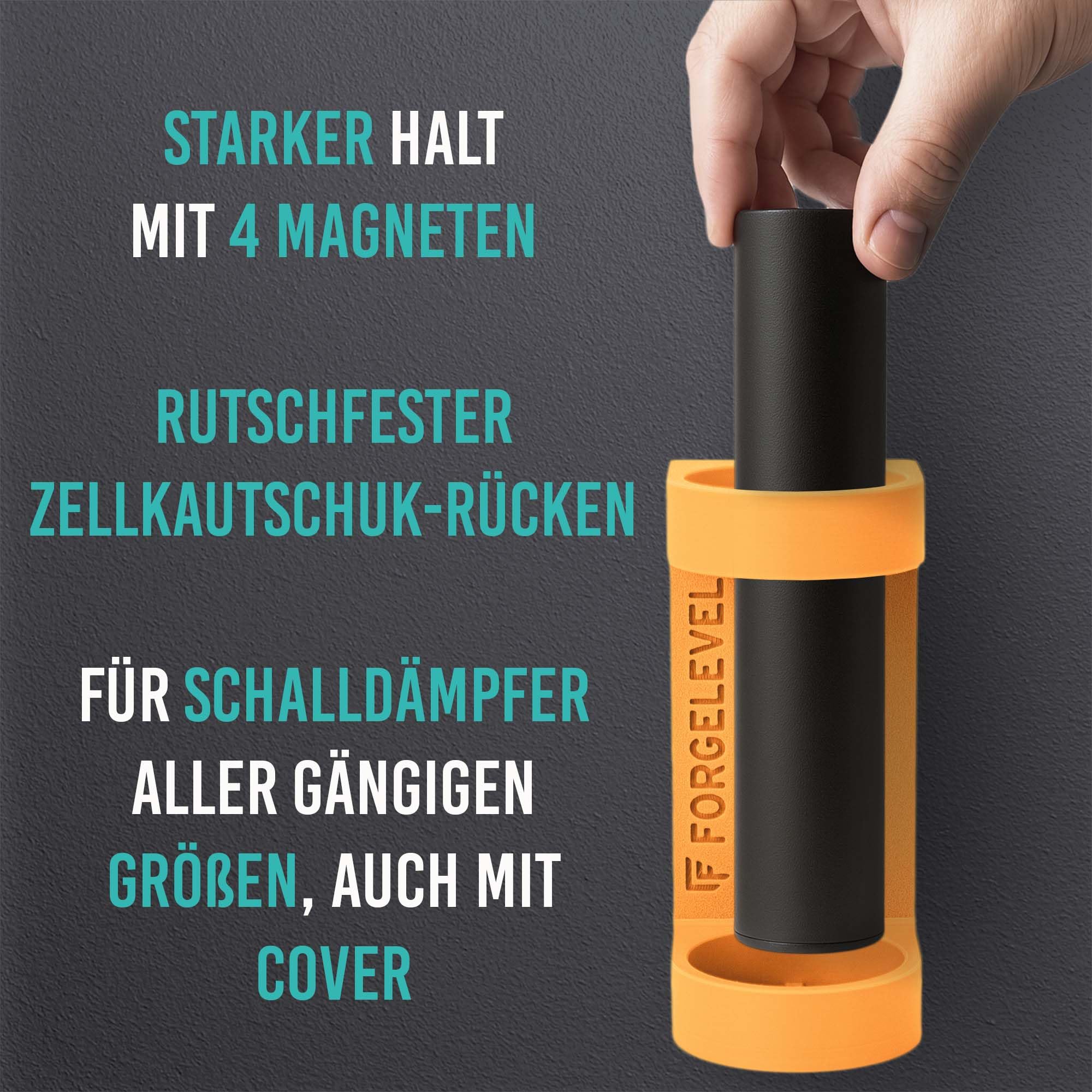 Mutus Schalldämpferhalter – magnetisch, Zellkautschuk-Rücken (bis 7 kg), belüftete vertikale Lagerung, passend mit Cover, Made in Germany, mehrere Größen & Farben