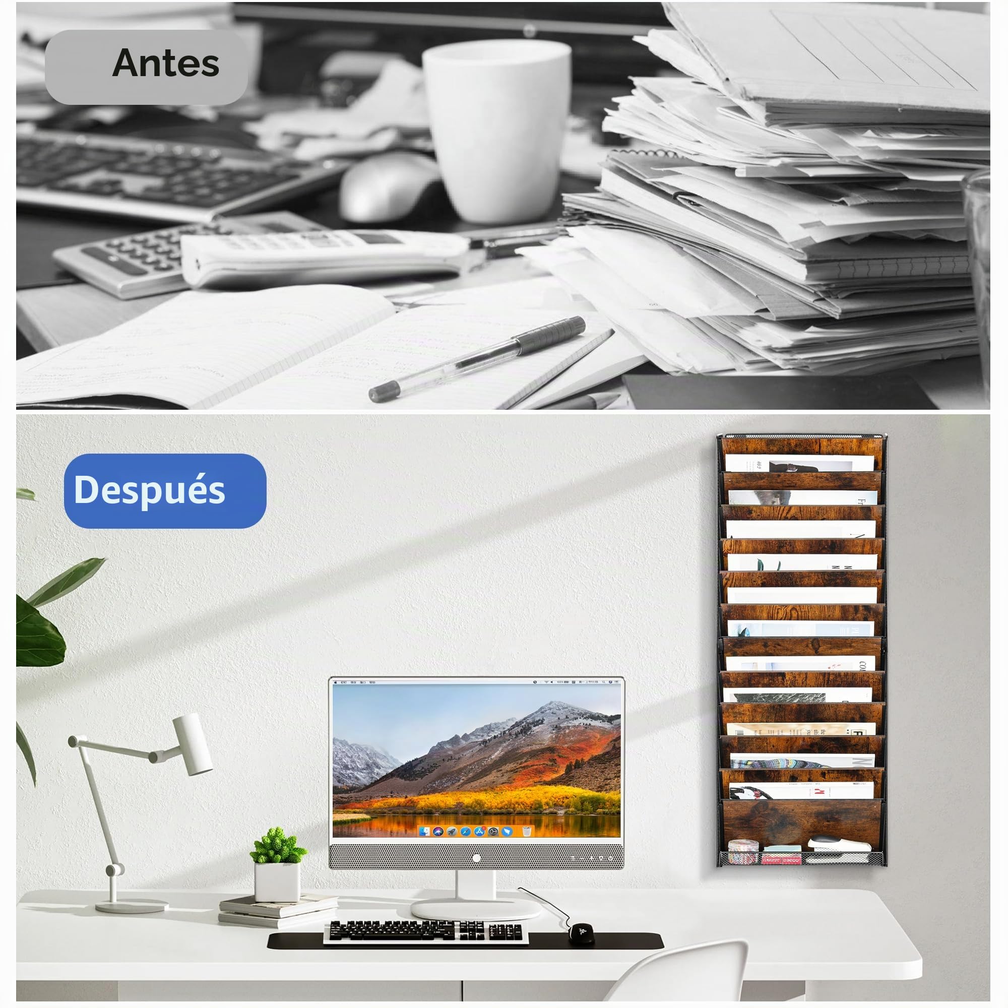 Revistero Pared Metálico 12 Niveles - Organizador de Escritorio Documentos A4, Archivador Oficina con Bandeja, Porta Revistas y Carpetas Colgantes para Hogar/Escuela (Negro/Antiguo)