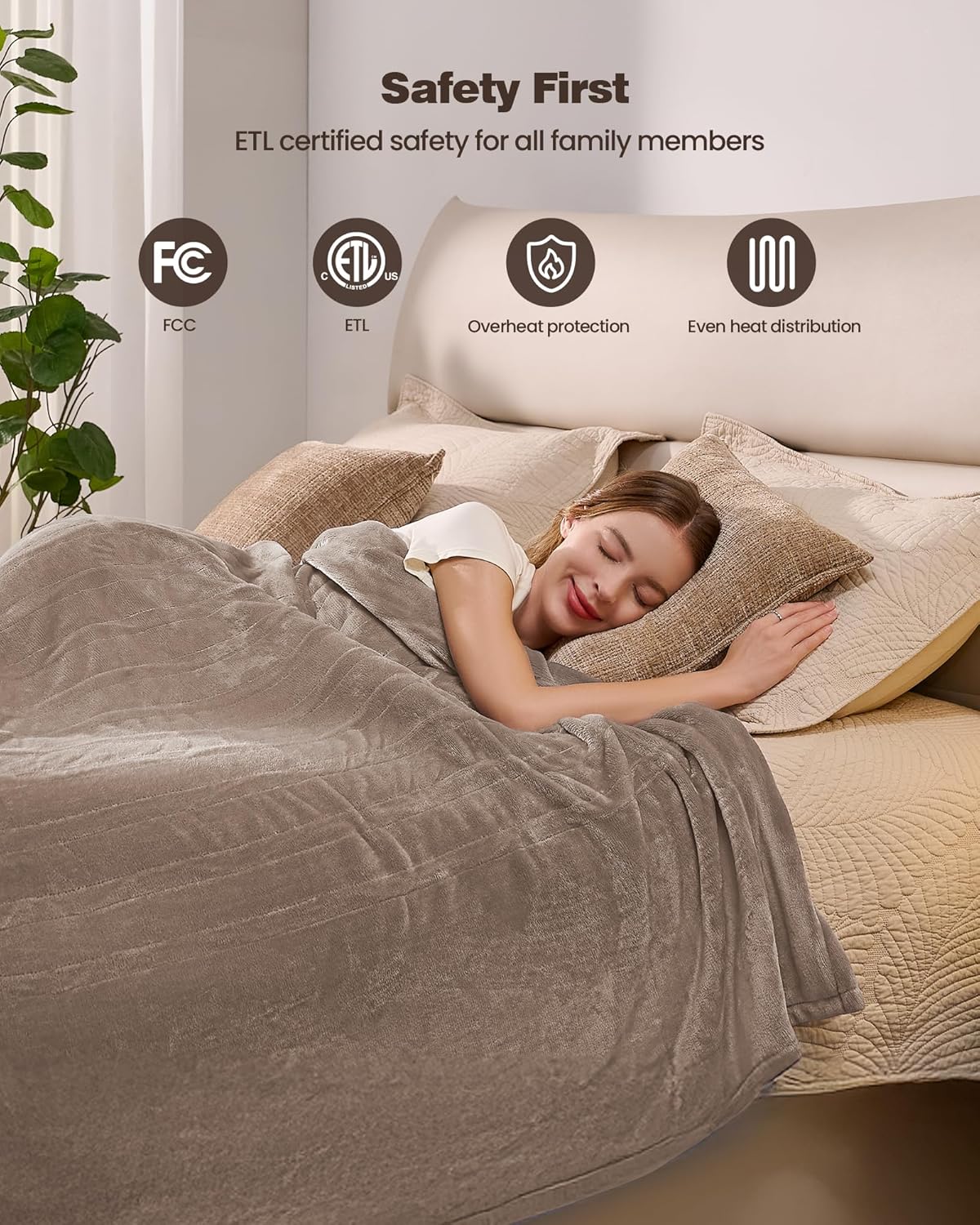 Electric Blanket King with Dual Control-100x90 Soft Double-Sided Flannel Heating Blanket, 9 Heat Levels & 10 Hours Timer Heated Throw, Machine Washable, Gift for Mom Dad - Camel - Image 6