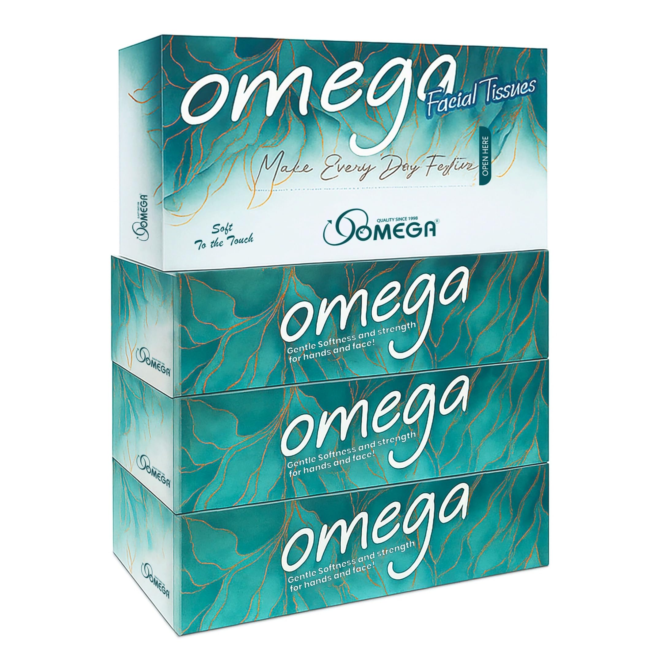 omega facial tissues - 100 pulls per box, pack of 4 | soft & gentle 2-ply tissues | virgin paper | facial tissue box for home, office & car | 400 pulls