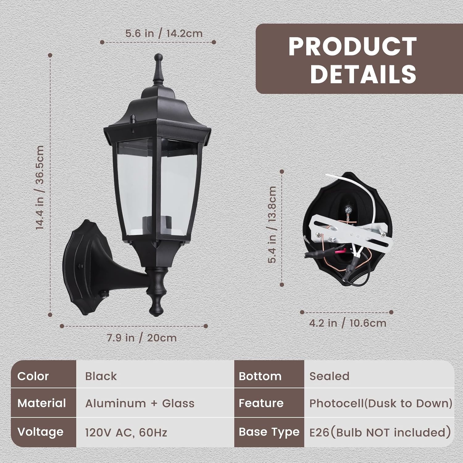 Photocell-Controlled Outdoor Wall Light – Die-Cast Aluminum & Glass Water-Resistant Exterior Fixture, Wet Location Rated, E26 Base (60W Max) for Porch, Garage, Garden（Black）
