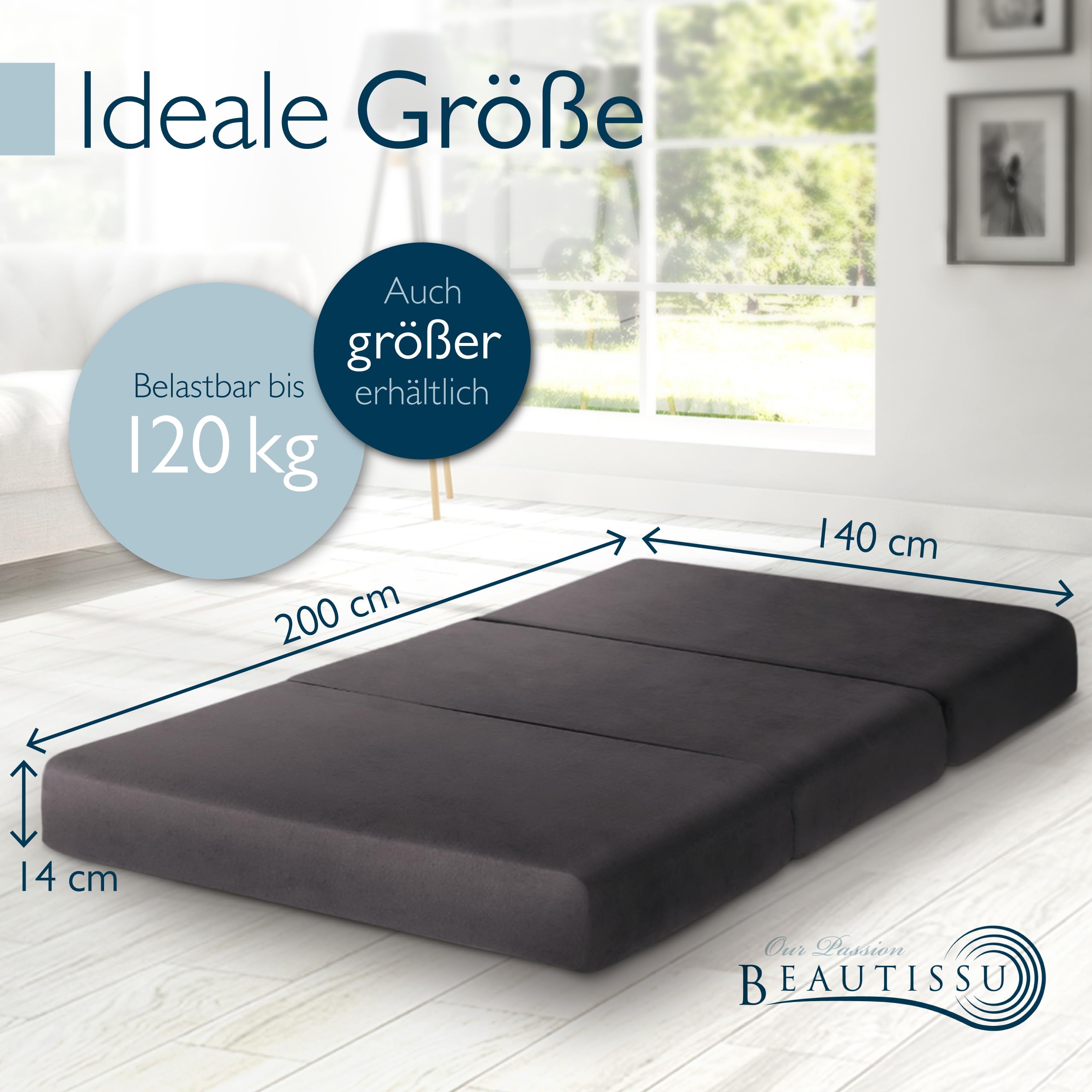 Beautissu Klappmatratze Gästebett faltbar klappbar Visco-Matratze | 140x200cm Anthrazit extra dick waschbar Gästematratze hoher Schlafkomfort einfacher Transport Premium XXL inkl. Tasche VS95