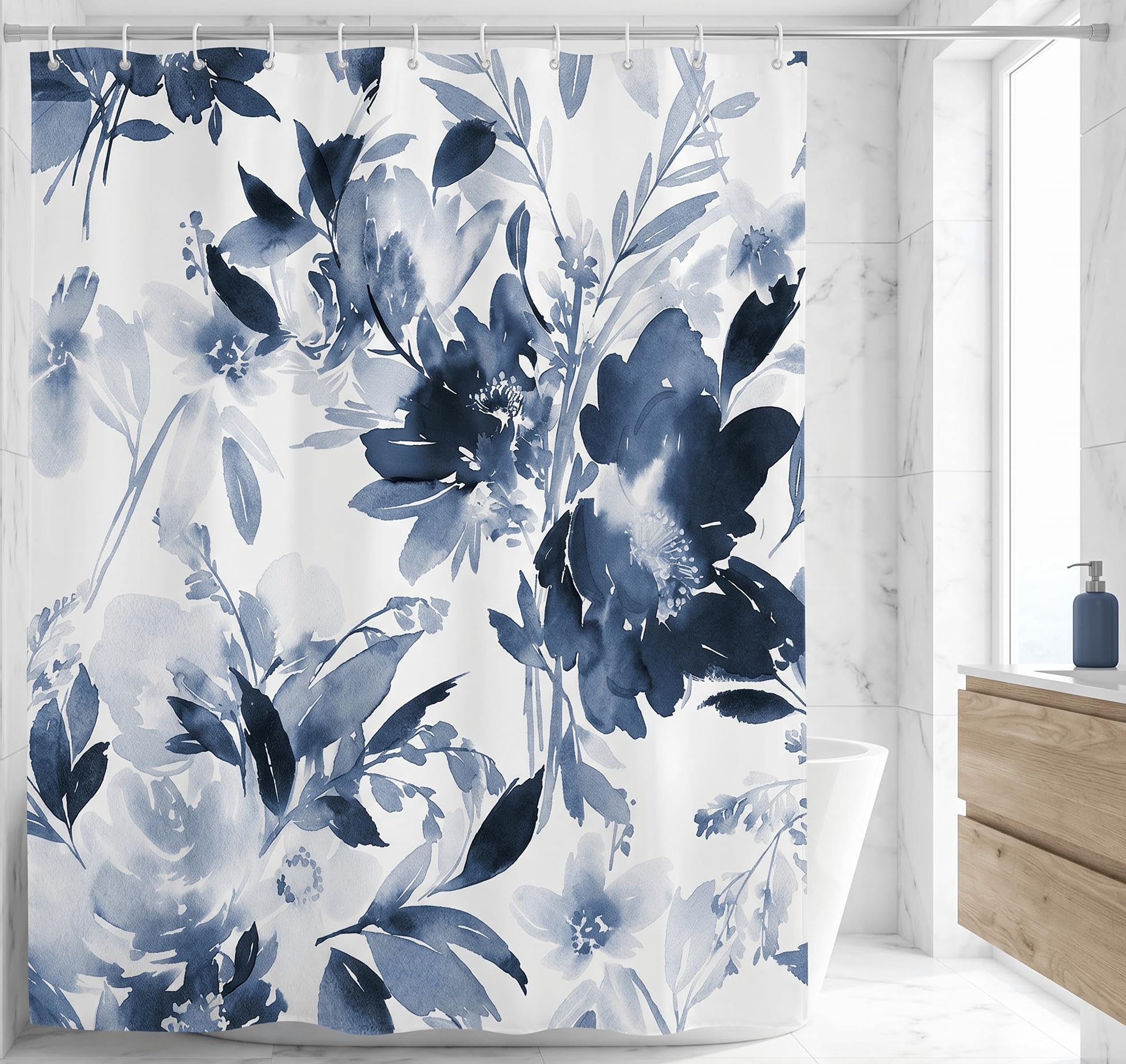 goodbath Floral Shower Curtain, Summer Watercolor Flower Waterproof Anti Mould Fabric Shower Curtains for Bathroom,180cm x 180cm, Blue