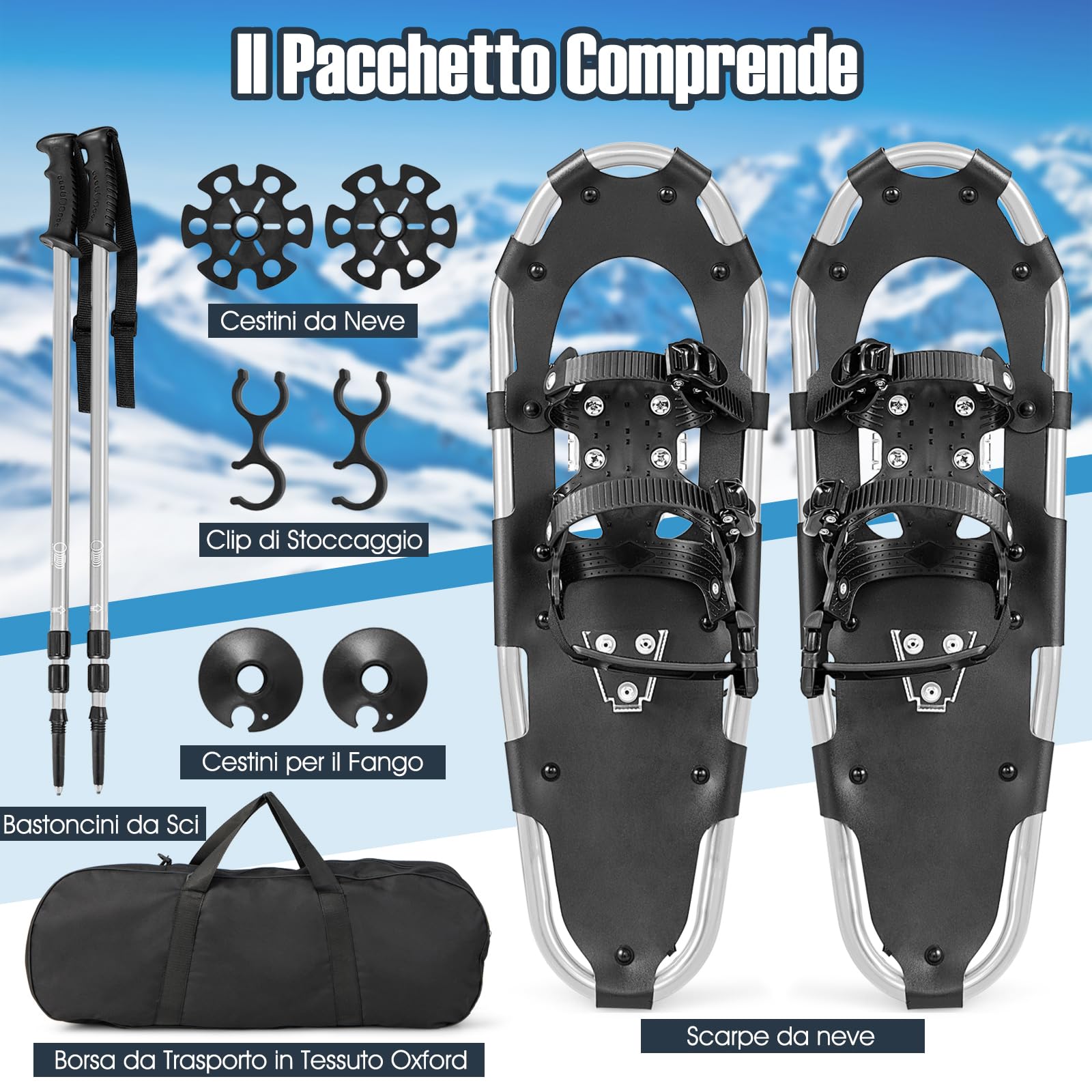 COSTWAY Ciaspole da Neve 4 in 1 per Uomini, Donne e Ragazzi per Scarpe 35-45 in Alluminio con Sistema di Perno Flessibile Doppio, Bastoncini Regolabili e Borsa, Adatte per 30-130 kg