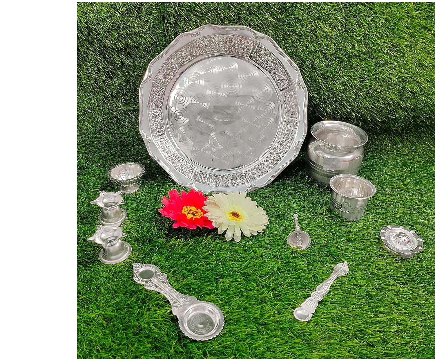 German Silver Pooja Plate Set - 11 Piece Kit -6
